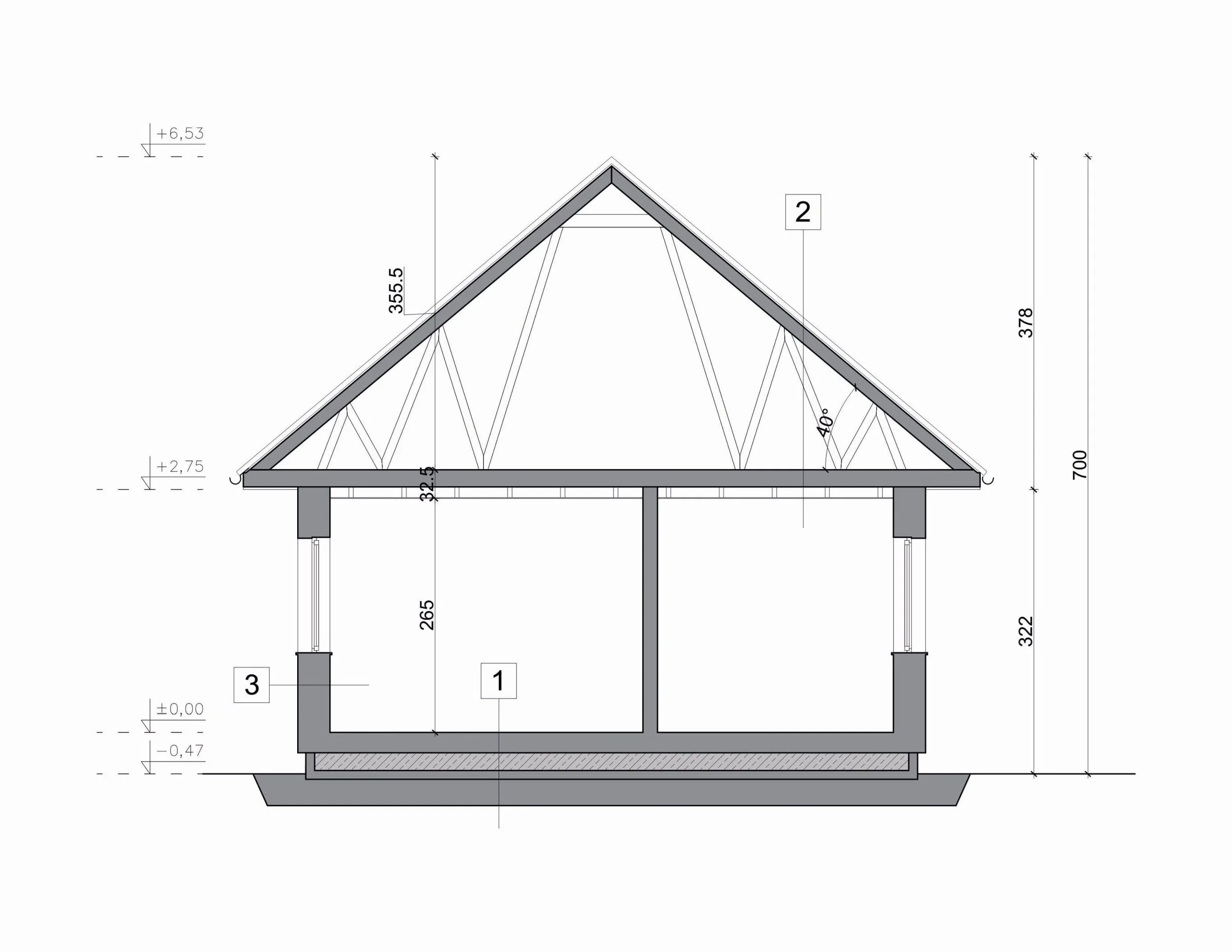 Querschnitt Haus FH-ST70 — Schnittzeichnung mit Satteldach (40° Dachneigung) und sichtbarem Dachstuhl, Raumhöhe rund 2,65 m und Firsthöhe rund 6,53 m über Erdgeschossniveau (Technische Zeichnung)