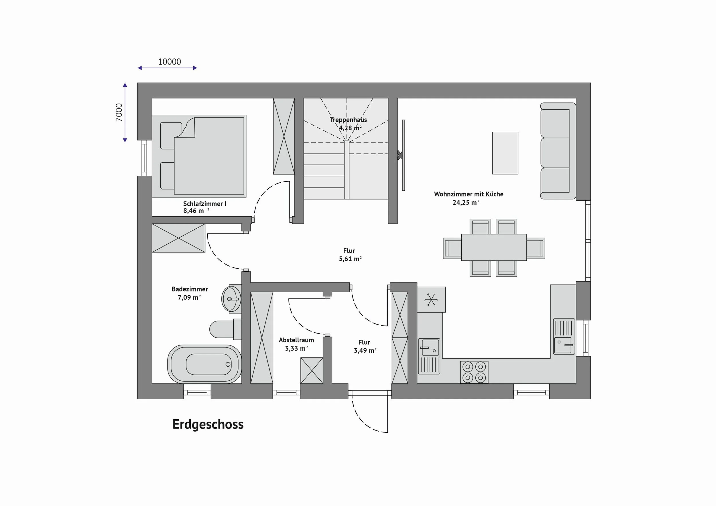 Grundriss FH-ST95 — Erdgeschoss mit Wohnzimmer und Küche, Schlafzimmer I, Badezimmer, Treppenhaus, Abstellraum und Flur (Technische Zeichnung. Möblierung zur Veranschaulichung)