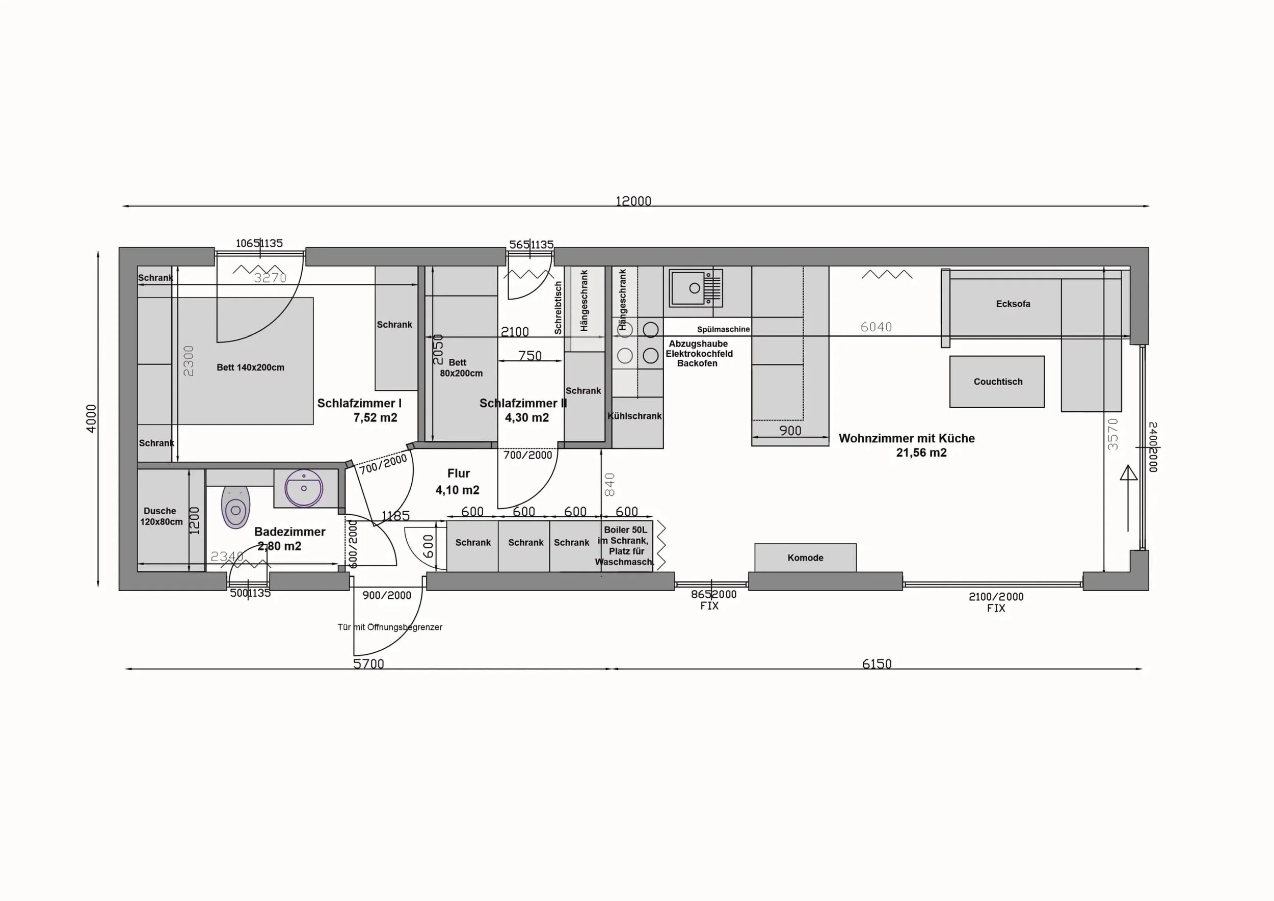 Grundriss MW48-3-B — gespiegelt, zwei Schlafzimmer und Bad links, Wohnzimmer mit Küche rechts, Flur mittig (Technische Zeichnung. Möblierung zur Veranschaulichung)