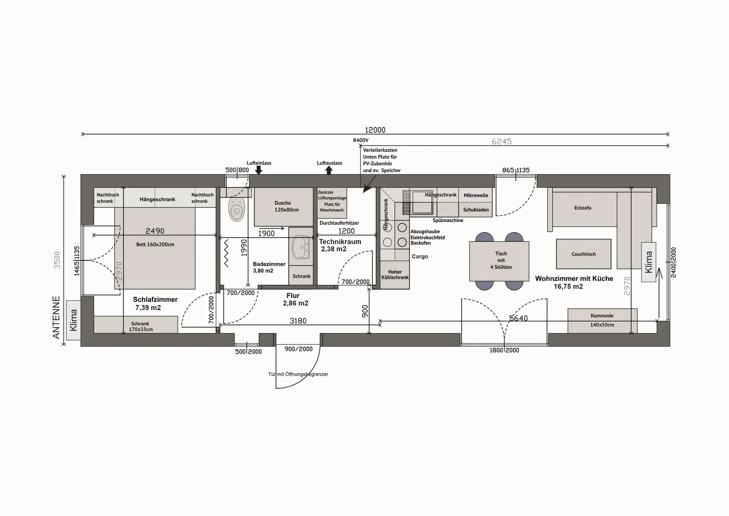 Grundriss MW42-1-A — 1 Schlafzimmer links (7,39 m²), Bad/Flur/Technikraum mittig, Wohnzimmer mit Küche rechts (16,75 m²) (Technische Zeichnung. Möblierung zur Veranschaulichung)