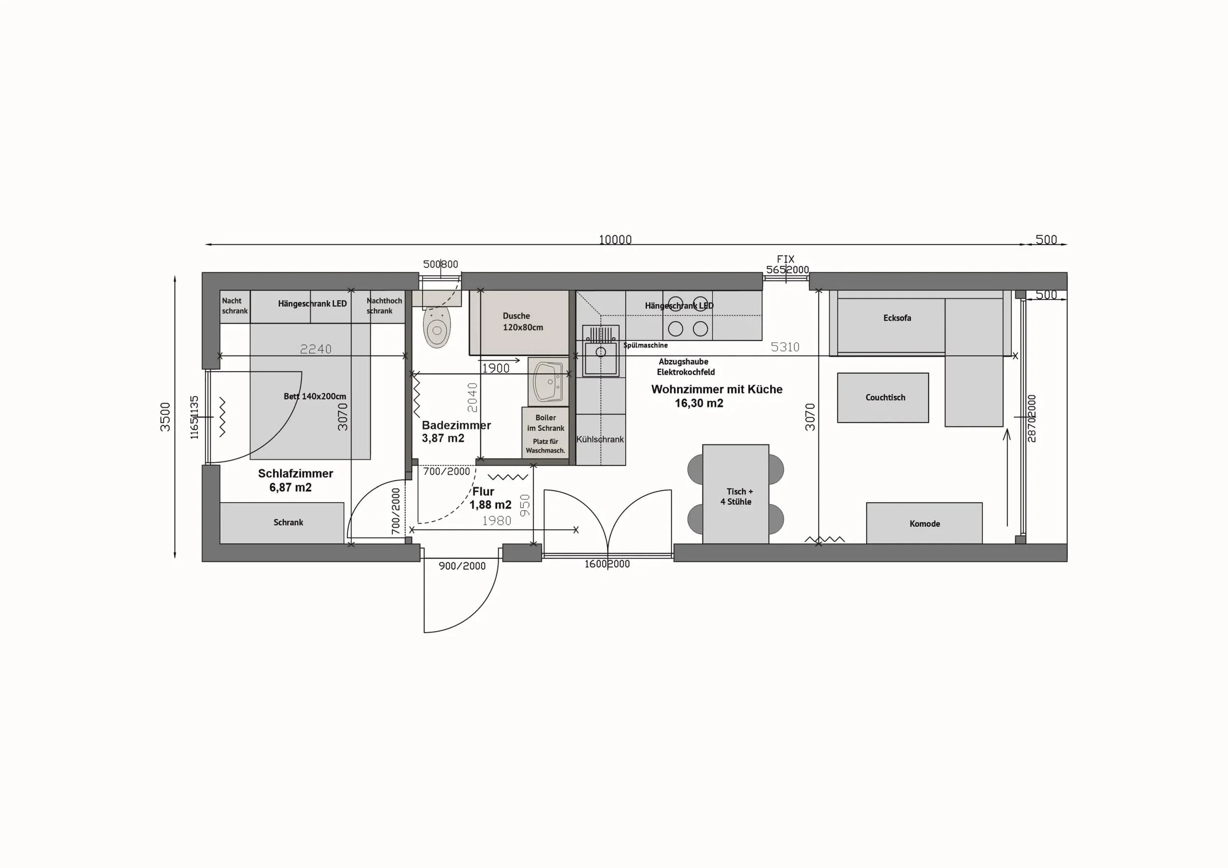 Grundriss MW37-B — Wohnzimmer mit Küche links mit Ecksofa, Esstisch und schwarzer Küchenzeile, Badezimmer mittig, Schlafzimmer rechts mit Bett 140 × 200 cm (vollständige Spiegelung von A) (Technische Zeichnung. Möblierung zur Veranschaulichung)
