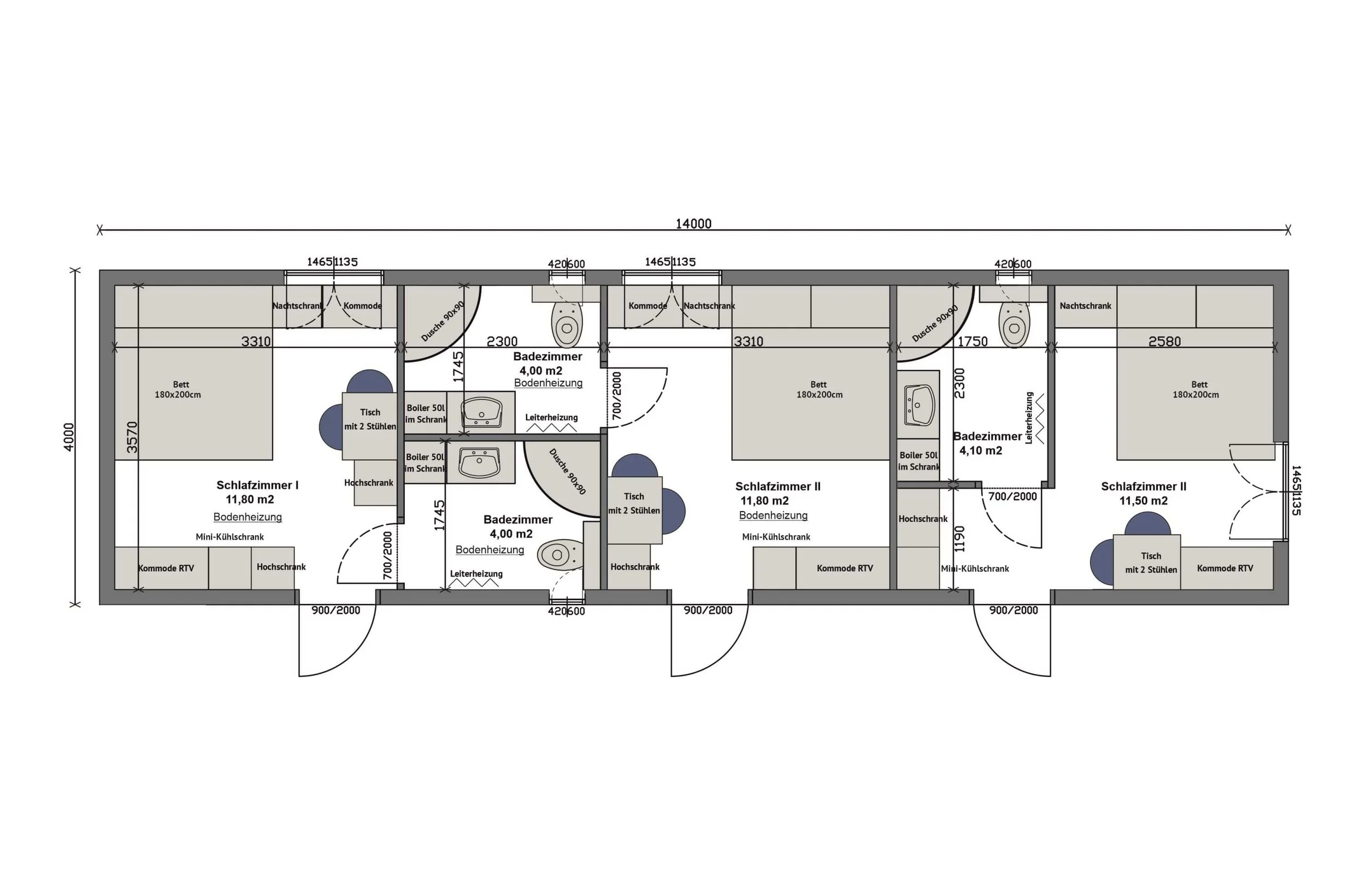 Grundriss MV56-1 — drei Zimmer (11,80 / 11,80 / 11,50 m²) mit je eigenem Bad und separatem Eingang, 14,00 × 4,00 m (Technische Zeichnung. Möblierung zur Veranschaulichung)