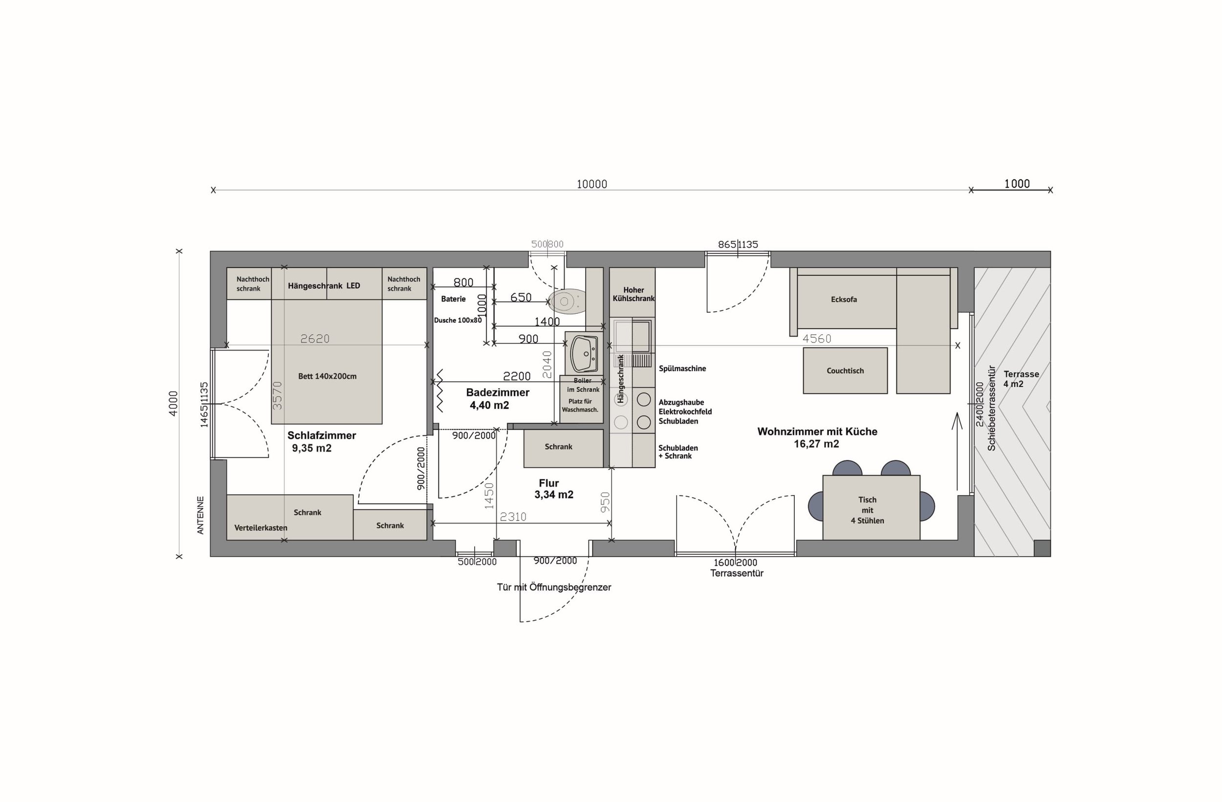 Grundriss MS44-1-A — Schlafzimmer links, Bad und Küche mittig, Wohnzimmer mit Esstisch rechts, Terrasse rechts (Technische Zeichnung. Möblierung zur Veranschaulichung)