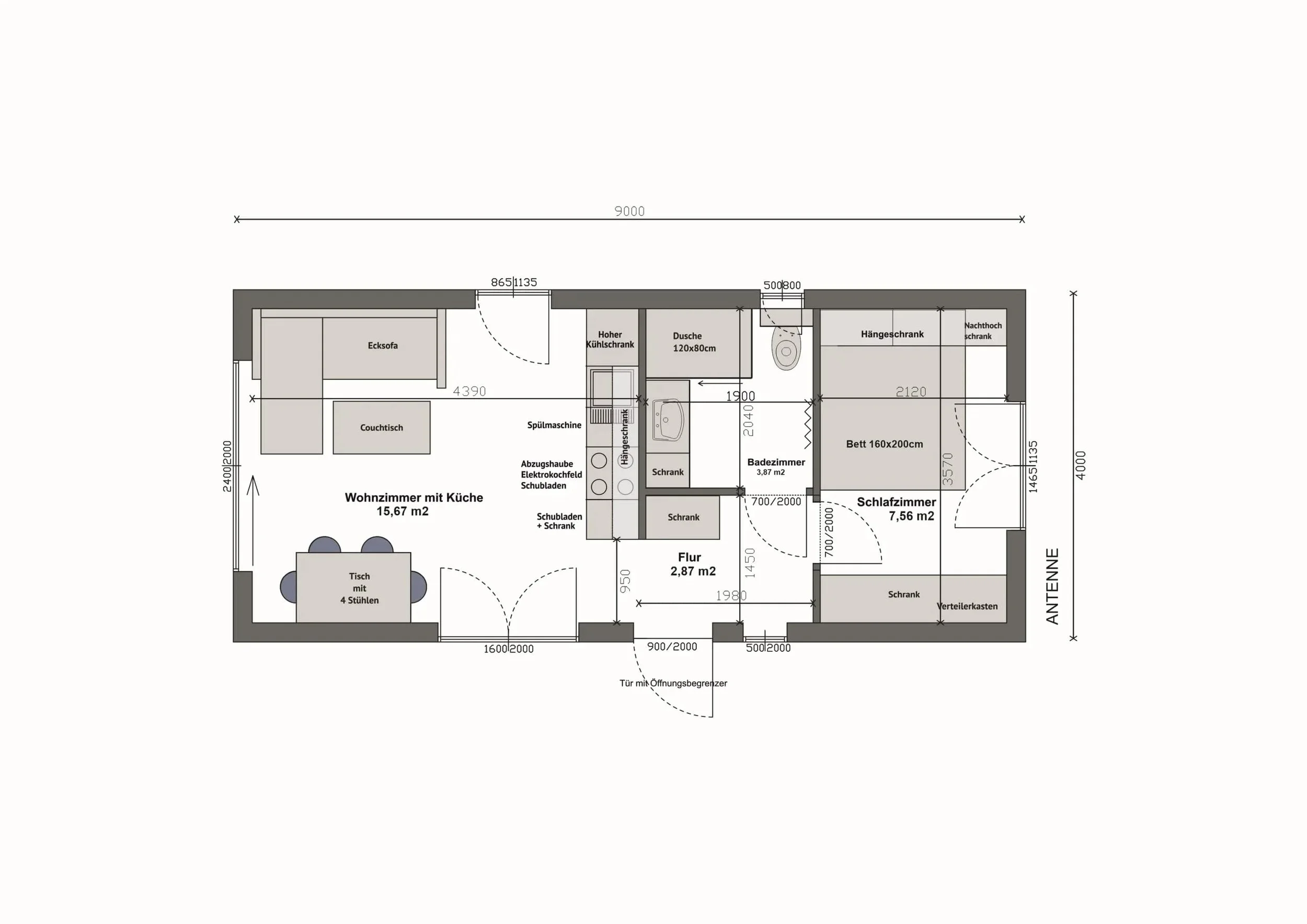 Grundriss MW36-B — vollständig gespiegelt: Schlafzimmer rechts, Bad und Küche mittig, Wohnzimmer mit Esstisch und Ecksofa links (Technische Zeichnung. Möblierung zur Veranschaulichung)