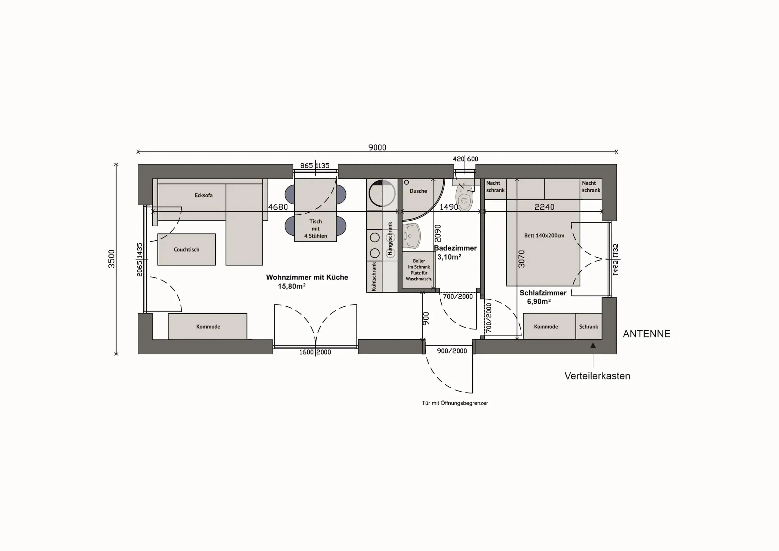 Grundriss MW31-B — 1 Schlafzimmer links, Bad mittig, Wohnzimmer mit Küche rechts (Technische Zeichnung. Möblierung zur Veranschaulichung)