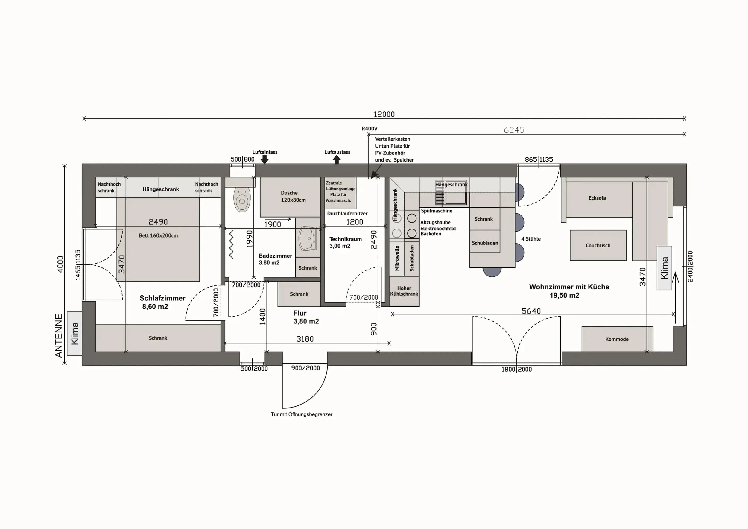 Grundriss MW48-1-C — 1 Schlafzimmer rechts, Bad und Technikraum mittig, Wohnzimmer mit Küche links (Technische Zeichnung. Möblierung zur Veranschaulichung)