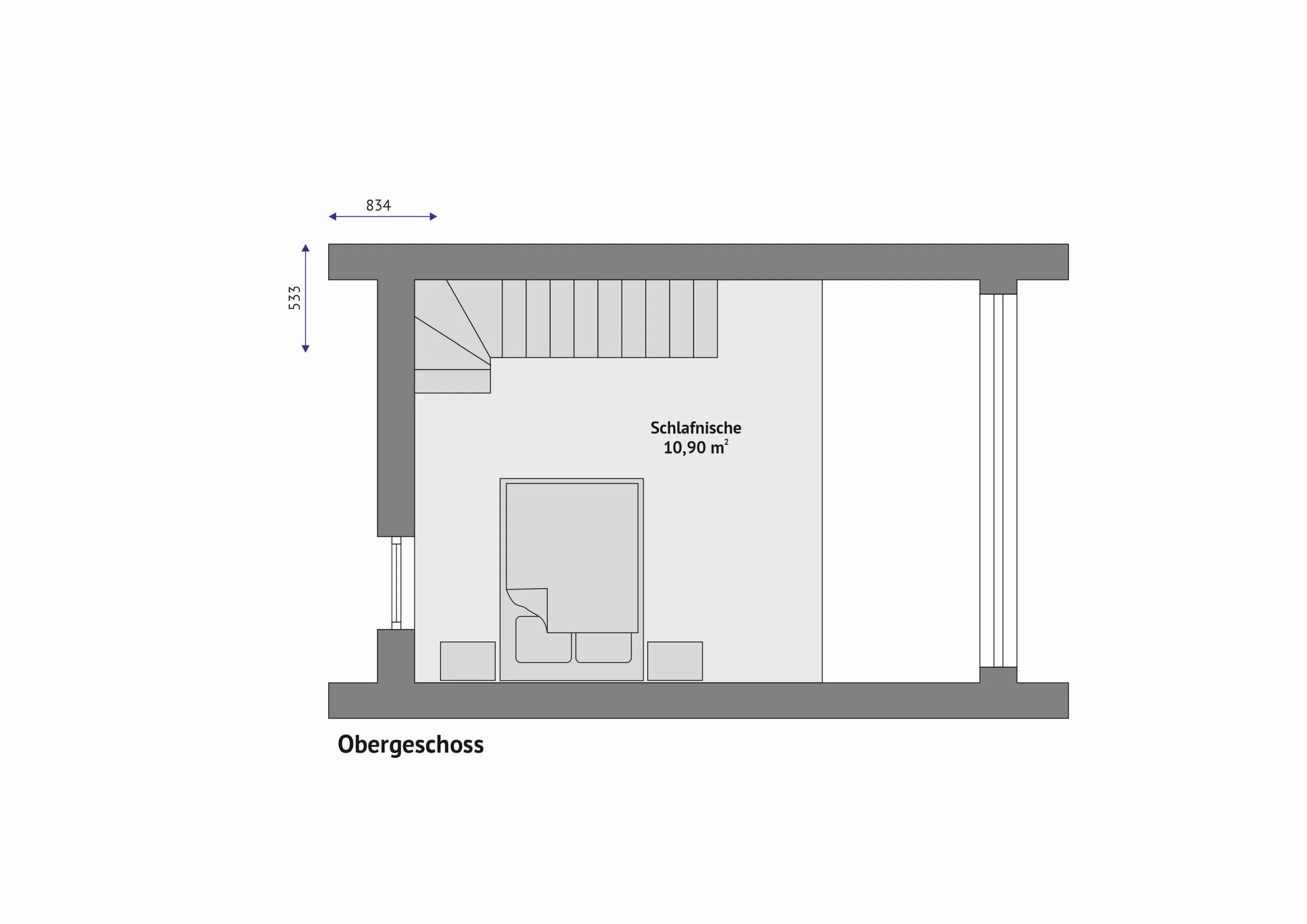 Grundriss Haus FH-DH44 — Obergeschoss mit Schlafnische (10,90 m²), Doppelbett und Treppenaufgang unter dem Satteldach (Technische Zeichnung. Möblierung zur Veranschaulichung)