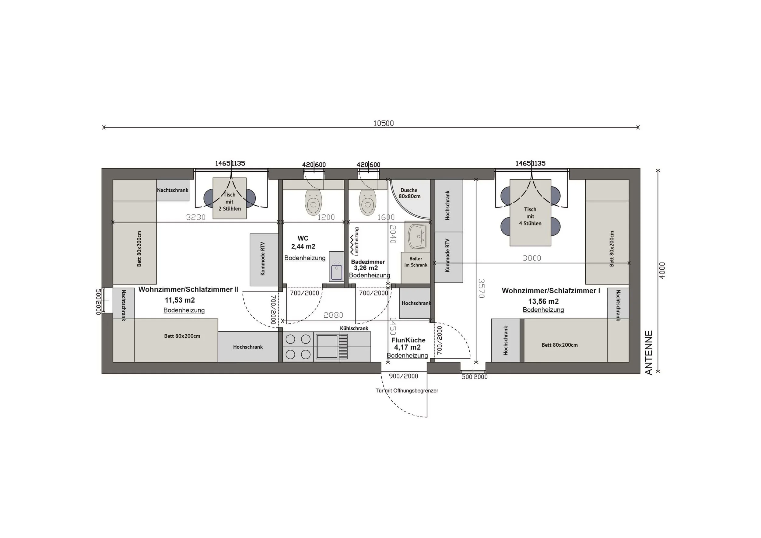 Grundriss MV42-1 — zwei Wohn-/Schlafzimmer (13,56 m² rechts, 11,53 m² links), zentrale Küche, Badezimmer und separates WC (Technische Zeichnung. Möblierung zur Veranschaulichung)