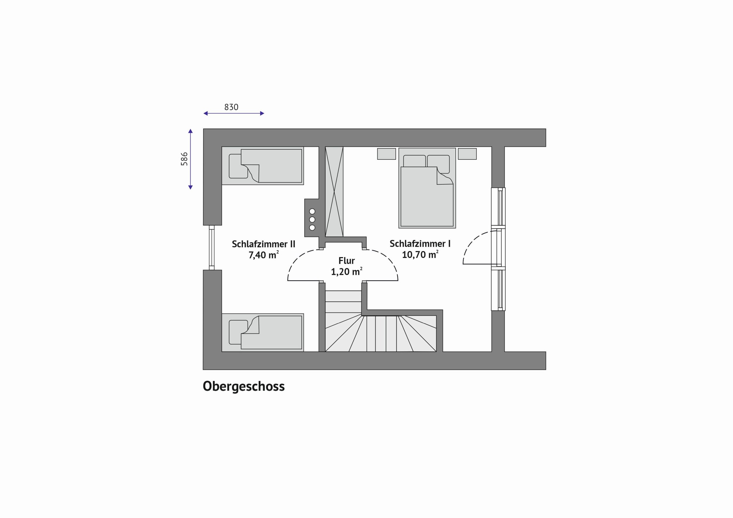 Grundriss Haus FH-DH47 — Obergeschoss mit Schlafzimmer I (10,70 m²) rechts, Schlafzimmer II (7,40 m²) links und verbindendem Flur (1,20 m²) über der Treppe (Technische Zeichnung. Möblierung zur Veranschaulichung)
