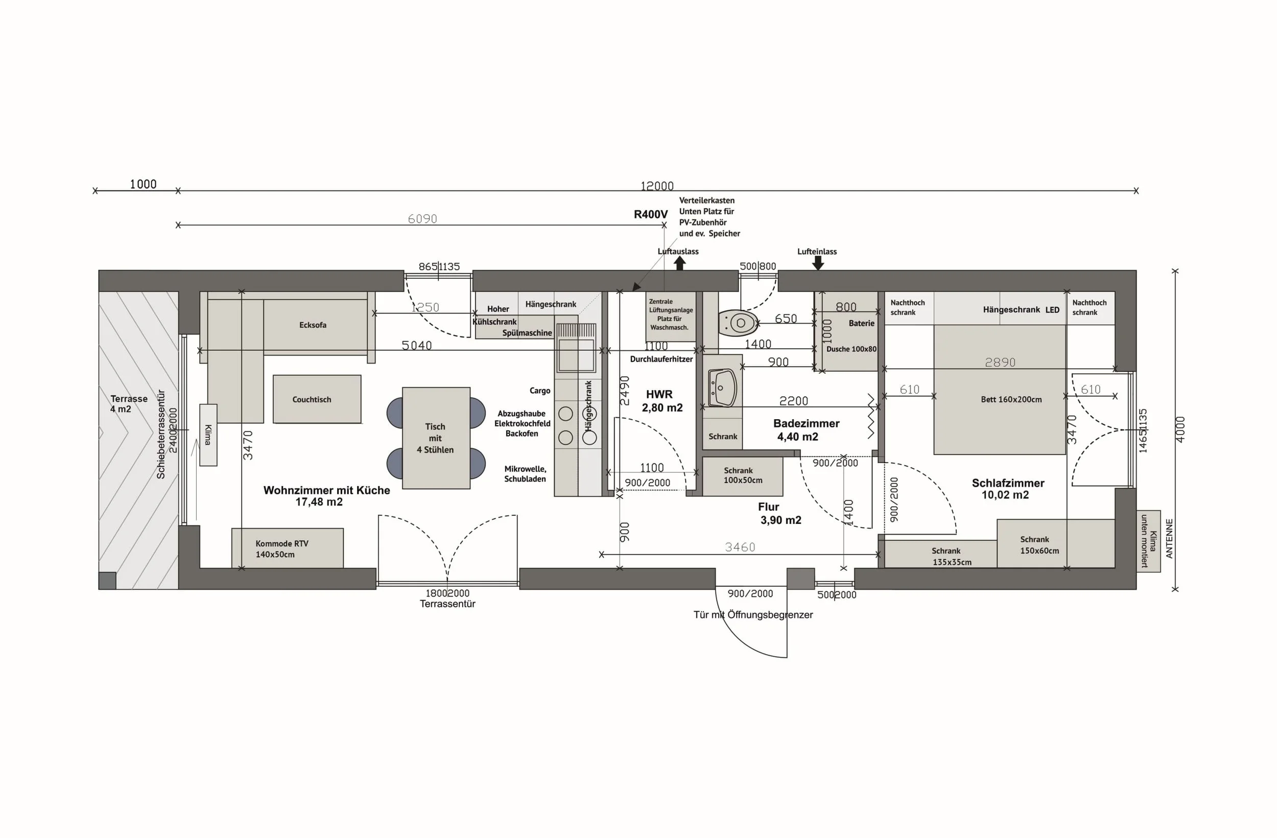 Grundriss MS52-2-B — Spiegelvariante: Wohnzimmer mit Küche links 17,48 m², Bad 4,40 m² und HWR 2,80 m² mittig, Schlafzimmer rechts 10,02 m², überdachte Terrasse rechts (Technische Zeichnung. Möblierung zur Veranschaulichung)