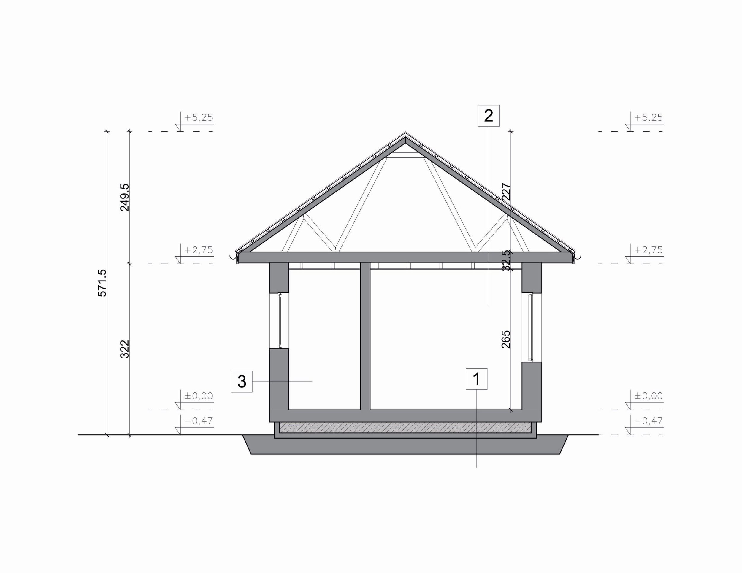 Querschnitt Haus FH-ST35 — Schnittzeichnung mit Satteldach und sichtbarem Dachstuhl, Raumhöhe rund 2,65 m und Firsthöhe rund 5,25 m über Erdgeschossniveau (Technische Zeichnung)