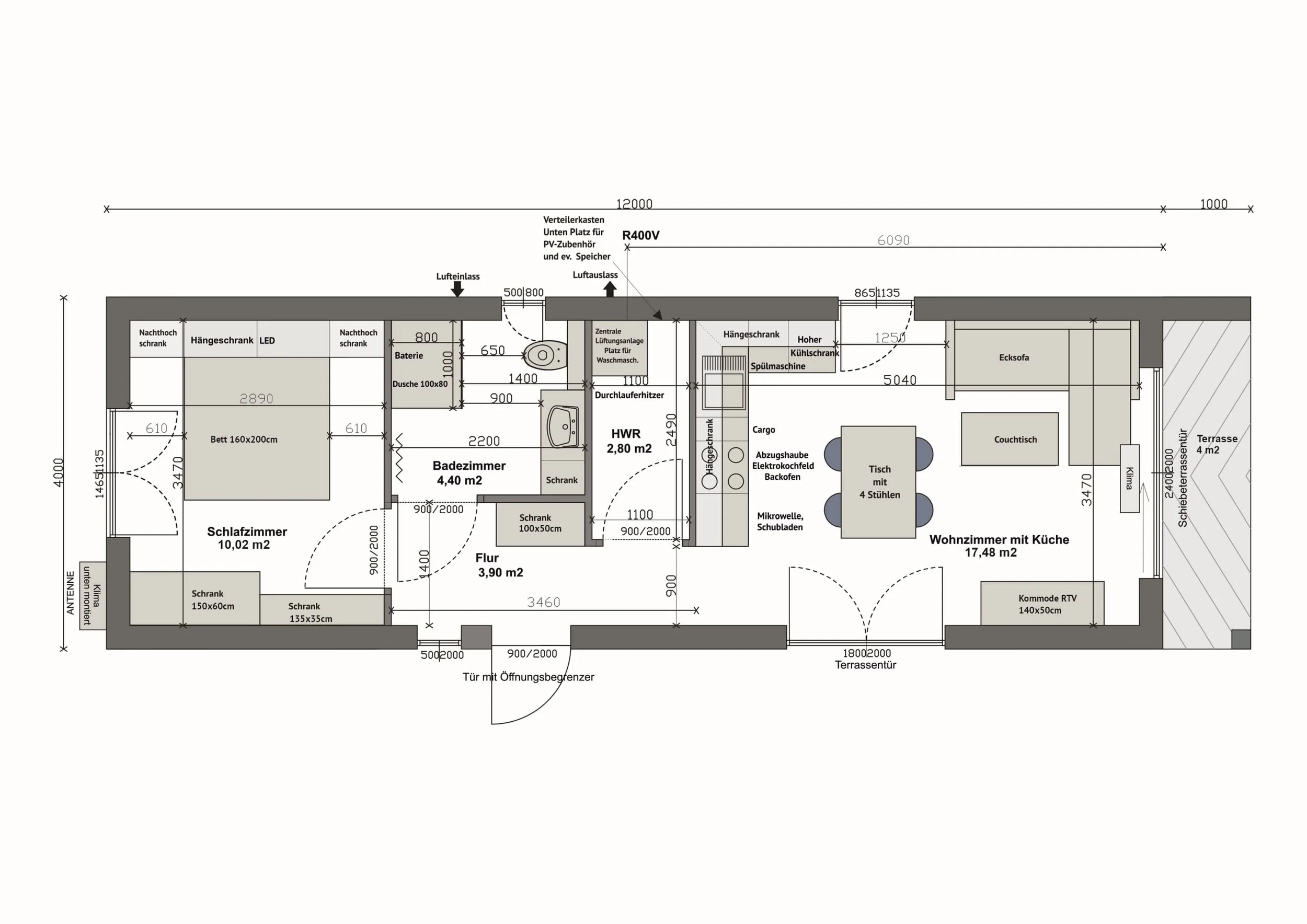 Grundriss MS52-2-A — Schlafzimmer links 10,02 m², Bad 4,40 m² und HWR 2,80 m² mittig, Wohnzimmer mit Küche rechts 17,48 m², überdachte Terrasse links (Technische Zeichnung. Möblierung zur Veranschaulichung)