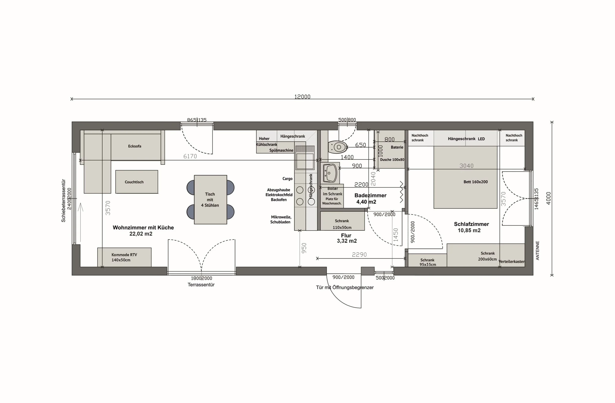 Grundriss MS48-1-D — gespiegelt: Wohnzimmer mit Küche links, Bad mittig, 1 Schlafzimmer rechts (Technische Zeichnung. Möblierung zur Veranschaulichung)