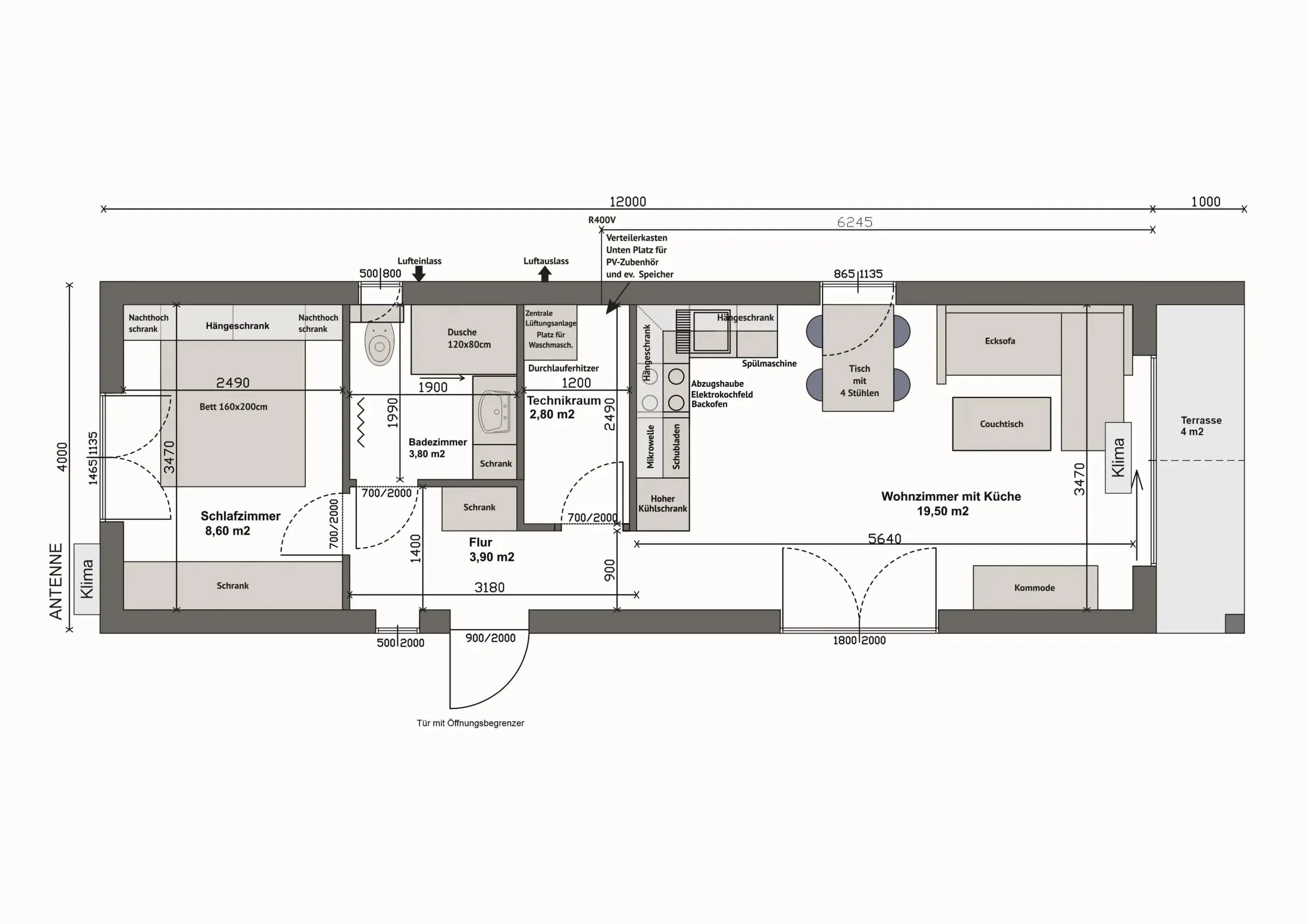 Grundriss MW52-1-A — Schlafzimmer links, Bad und Technikraum mittig, Wohnzimmer mit Küche und Terrasse rechts (Technische Zeichnung. Möblierung zur Veranschaulichung)