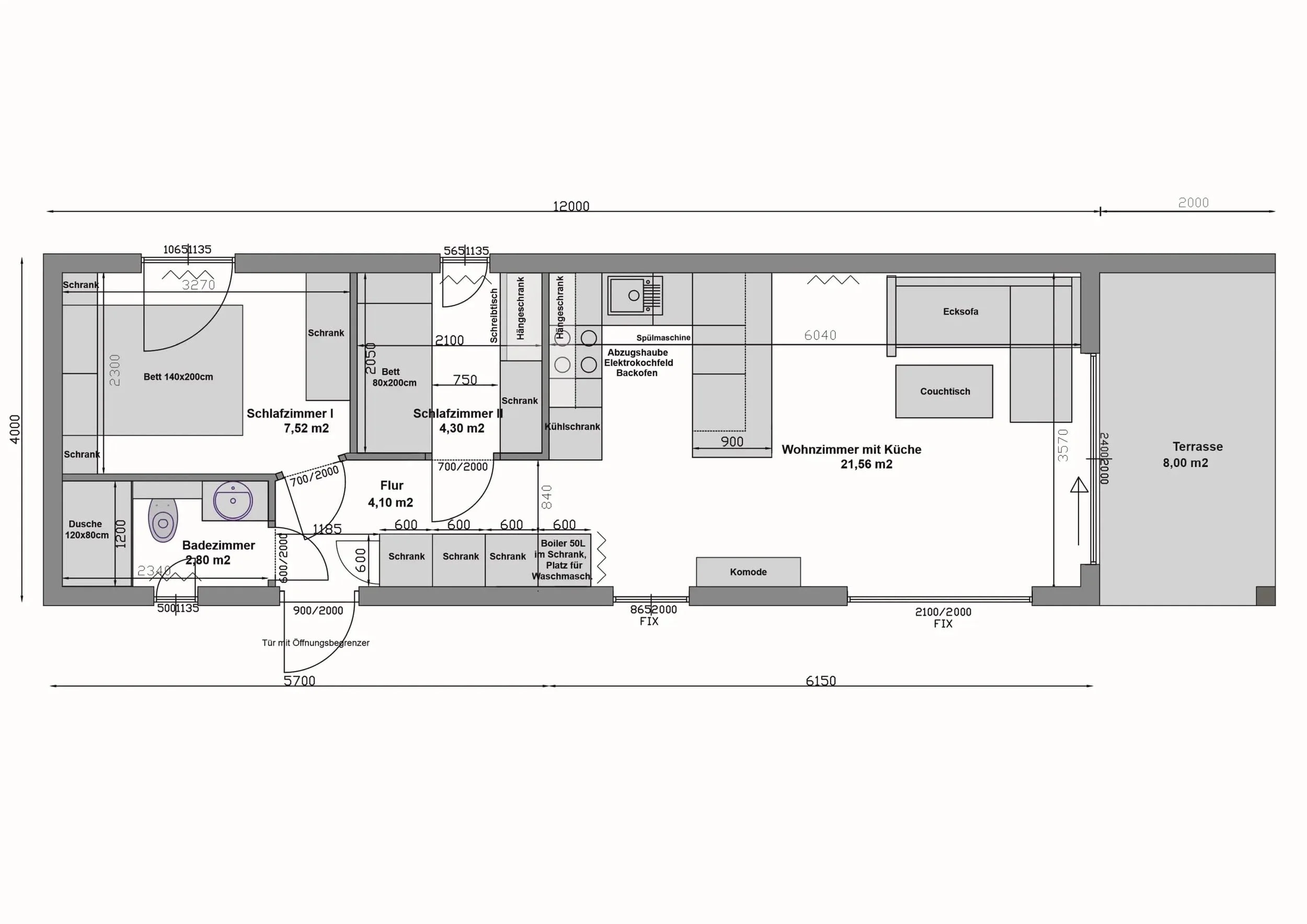 Grundriss MW56-3-A — zwei Schlafzimmer und Bad links, Wohnzimmer mit Küche rechts, Terrasse 8 m² (Technische Zeichnung. Möblierung zur Veranschaulichung)