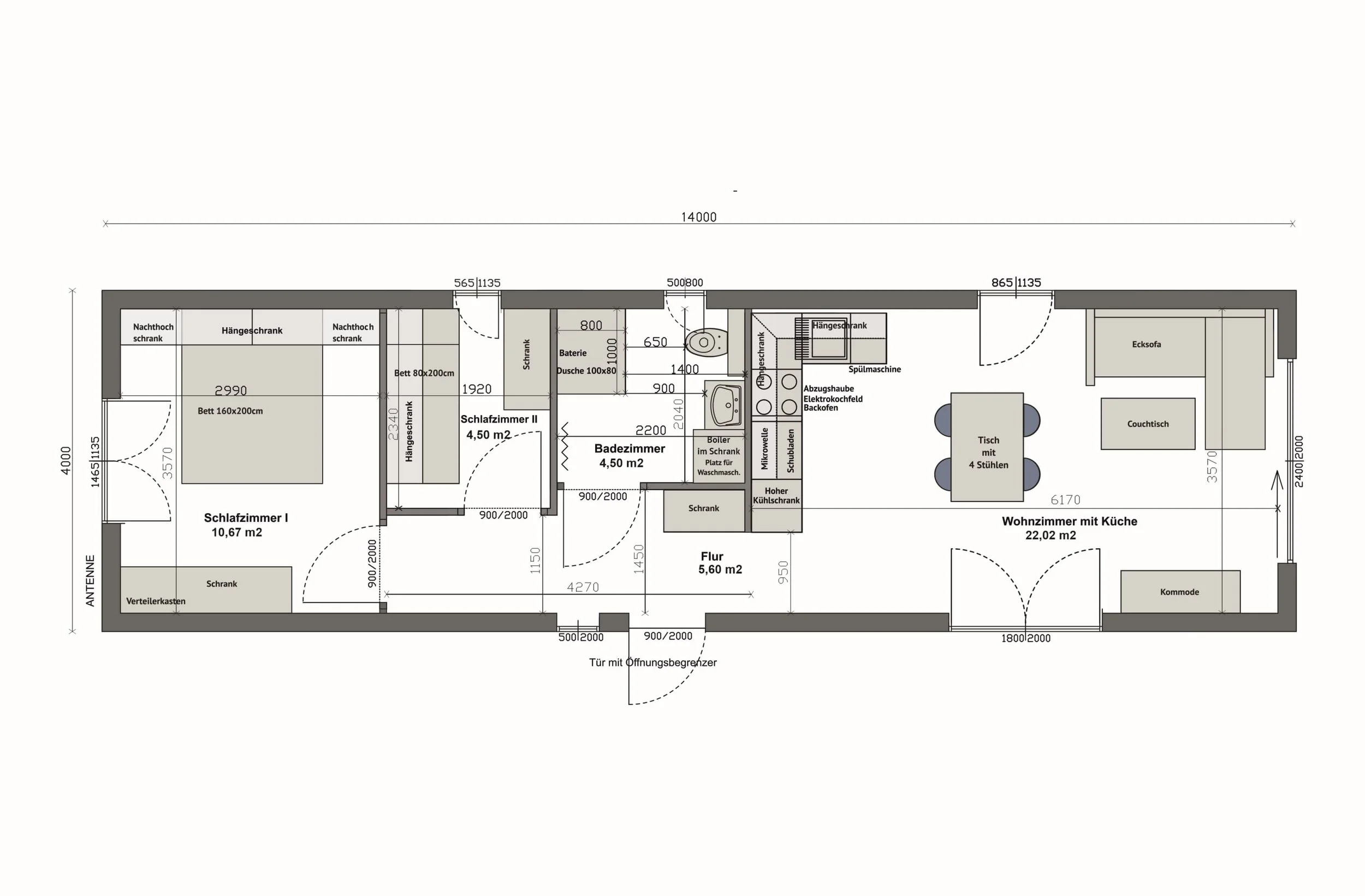 Grundriss MS56-1-A — Variante ohne Terrasse, 14×4 m: Schlafzimmer I (10,67 m²) links, Bad und Schlafzimmer II mittig, Wohnzimmer mit Küche (22,02 m²) rechts (Technische Zeichnung. Möblierung zur Veranschaulichung)