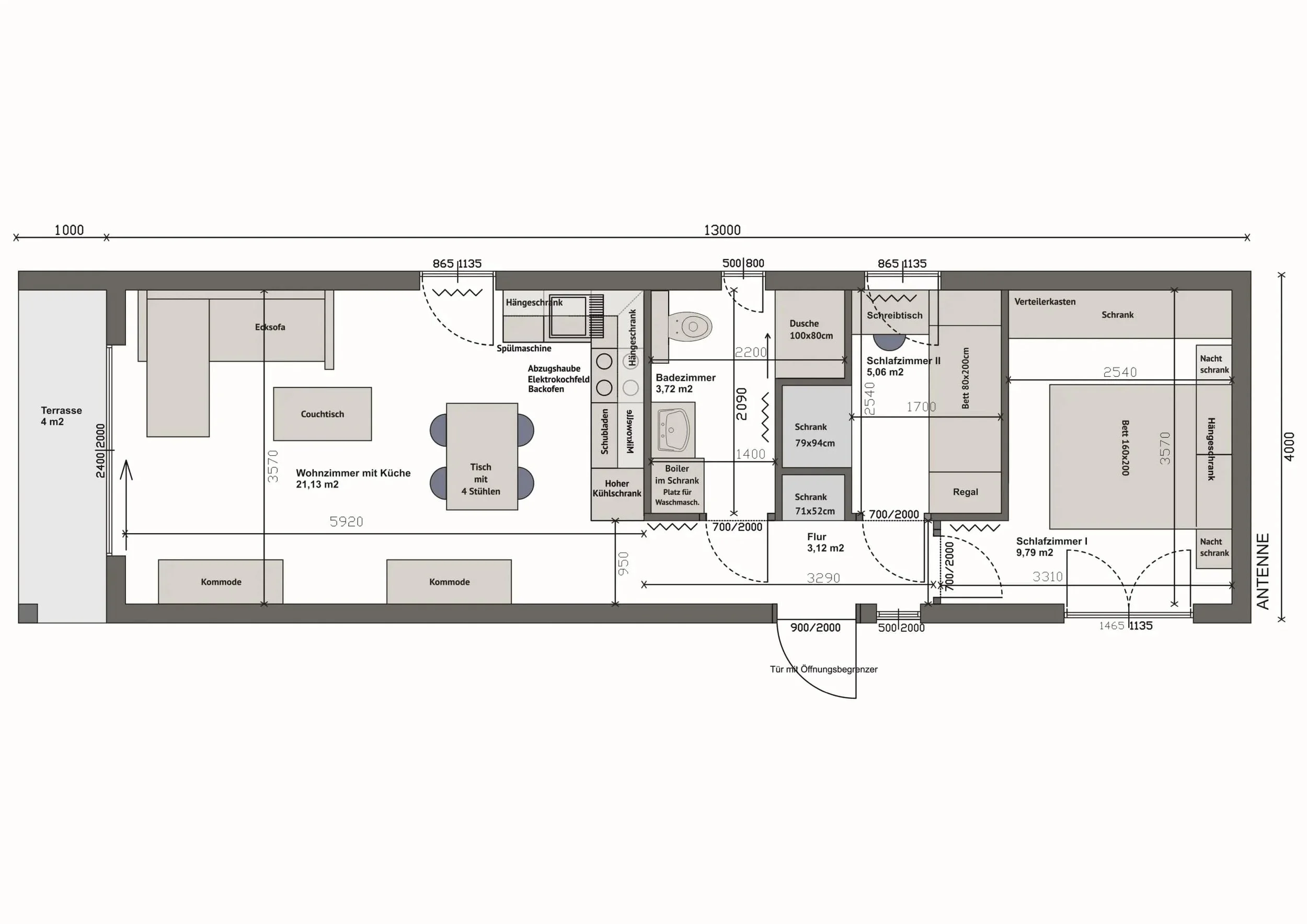 Grundriss MW56-3-C — Wohnzimmer mit Küche und Terrasse 4 m² links, zwei Schlafzimmer rechts, Hauptschlafzimmer mit Bett 160 × 200 (Technische Zeichnung. Möblierung zur Veranschaulichung)
