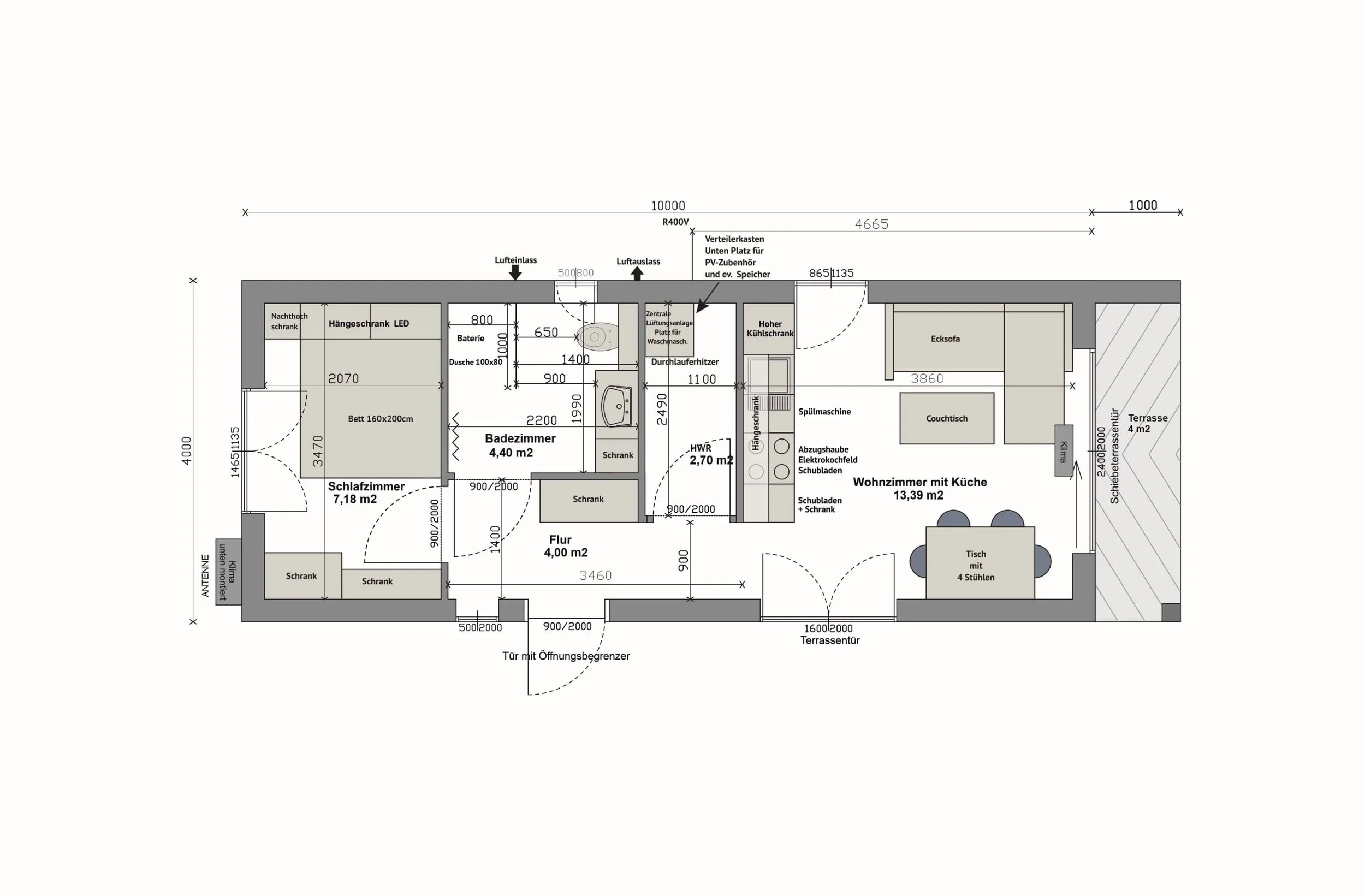 Grundriss MS44-2-A — Schlafzimmer mit Bett 160 × 200 cm links, Bad mit offener Dusche und Hauswirtschaftsraum mittig, Wohnzimmer mit Küche und Esstisch rechts, Terrasse rechts (Technische Zeichnung. Möblierung zur Veranschaulichung)
