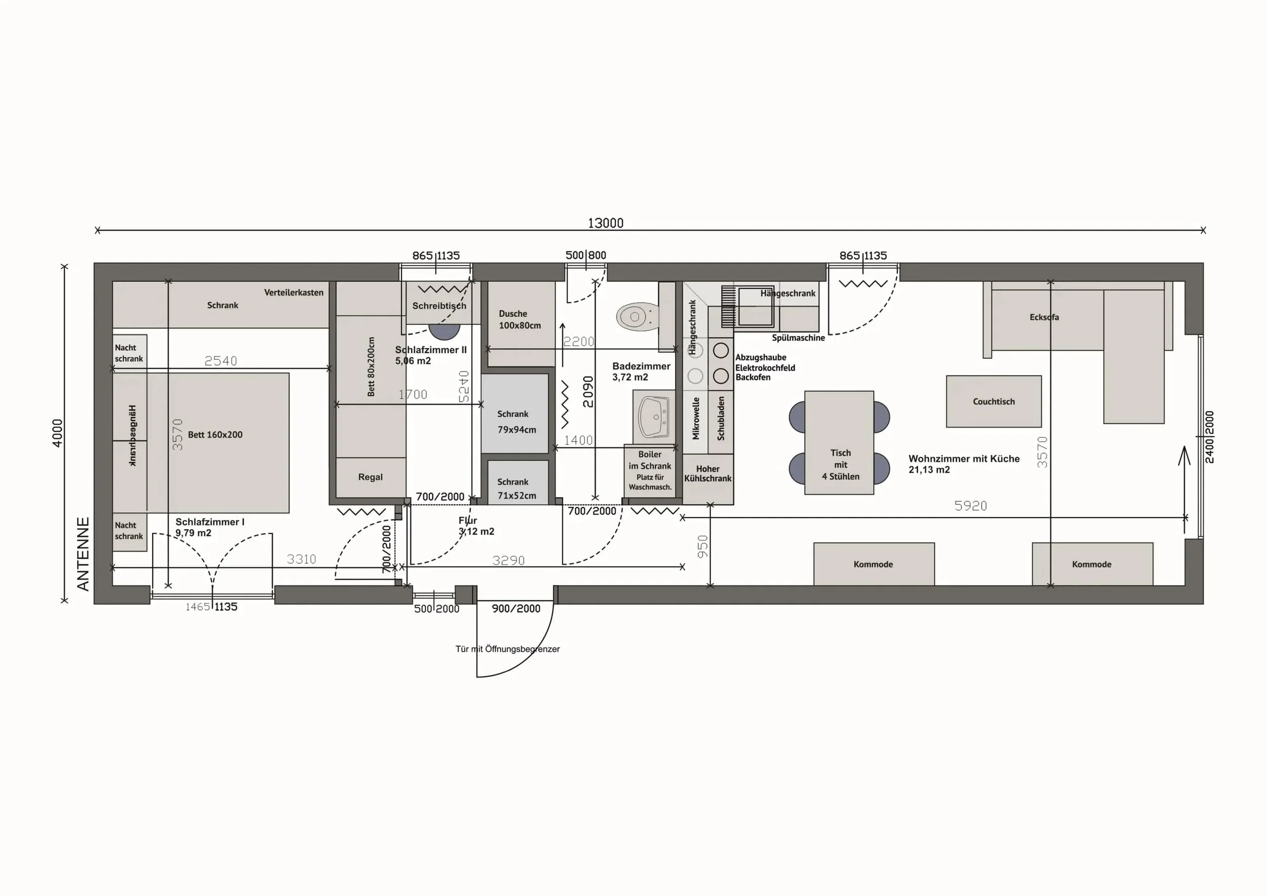 Grundriss MW52-2-A — zwei Schlafzimmer links, Bad und Flur mittig, Wohnzimmer mit Küche rechts, Eingang mittig (Technische Zeichnung. Möblierung zur Veranschaulichung)