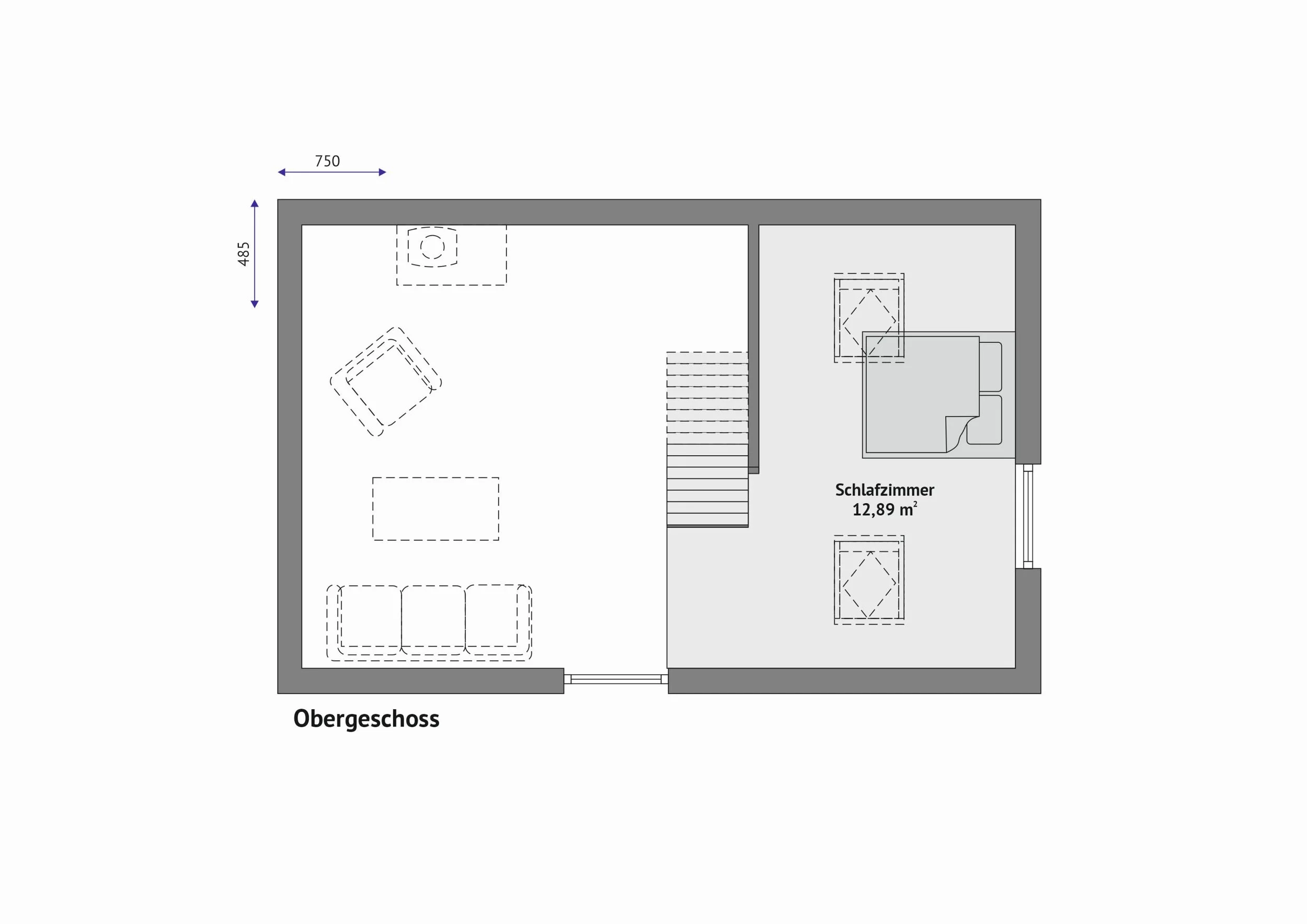 Grundriss FH-DH35-1 — Obergeschoss mit Schlafzimmer (12,89 m²) und Galerie zum Wohnraum (Technische Zeichnung. Möblierung zur Veranschaulichung)