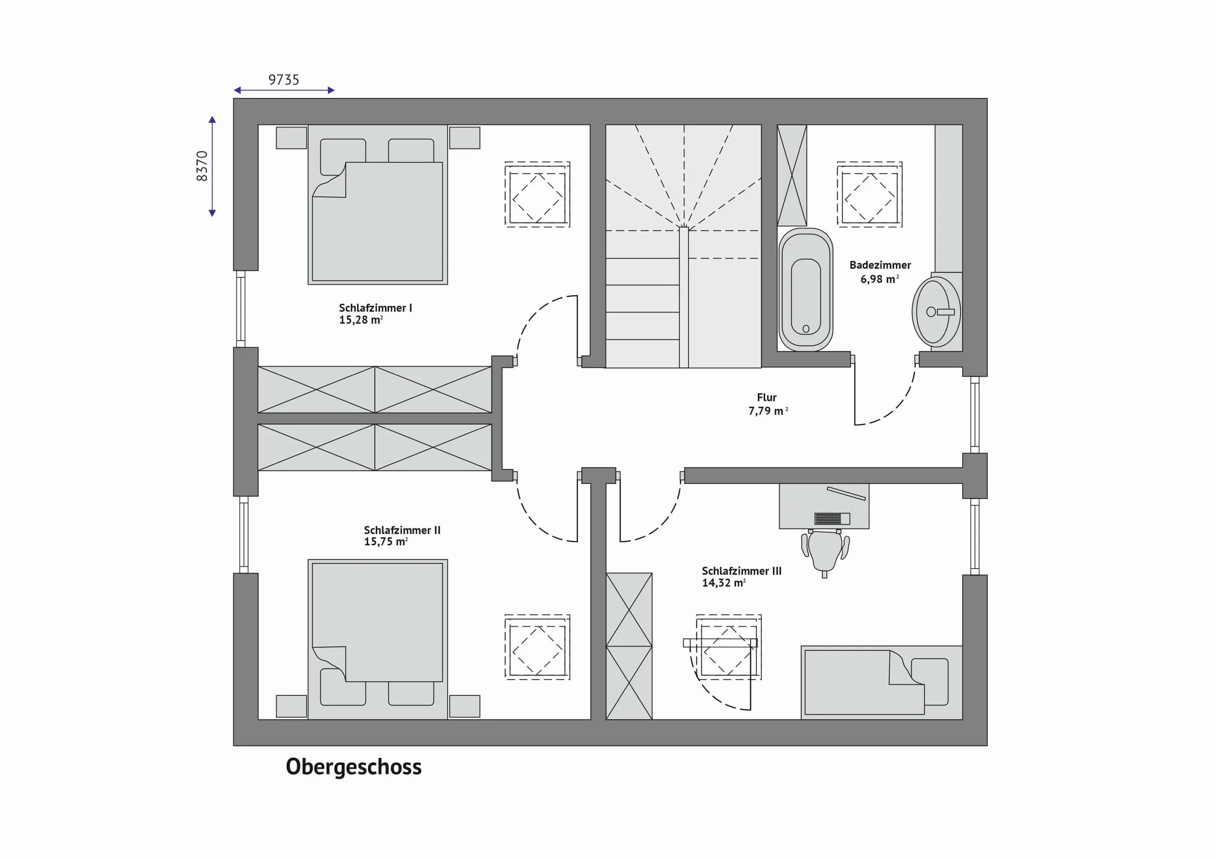 Grundriss FH-ST118 — Obergeschoss mit drei Schlafzimmern, Bad und Flur (Technische Zeichnung. Möblierung zur Veranschaulichung)