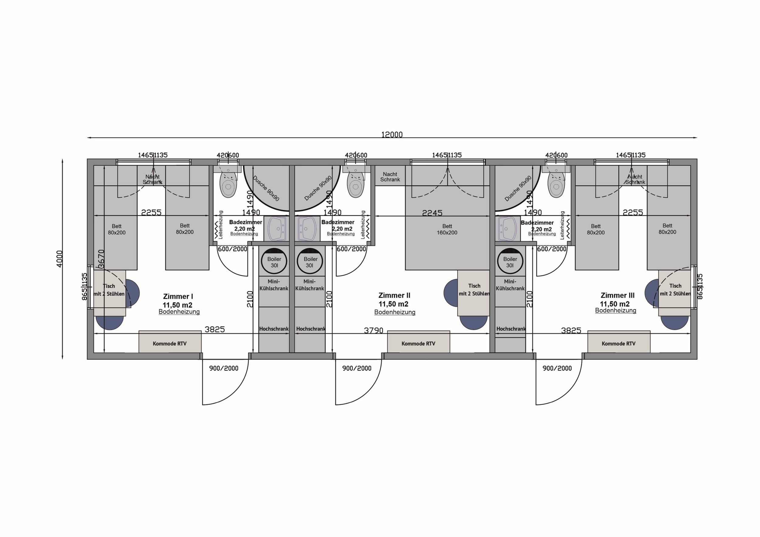 Haus MV48-1 — Grundriss mit drei separaten Hotelzimmern, je eigenem Bad und Miniküche (Technische Zeichnung)