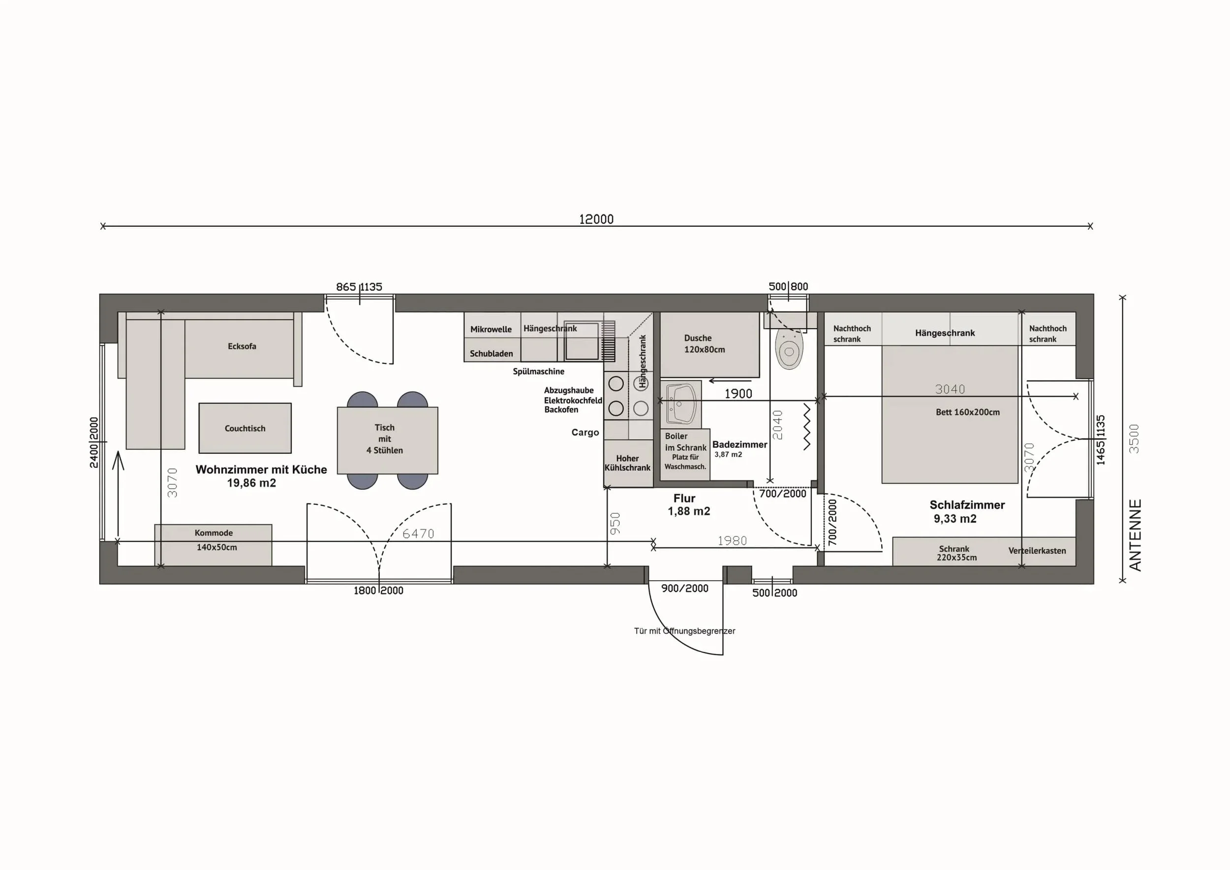 Haus MW42 — Grundriss Variante 1 Schlafzimmer EH40 spiegelverkehrt, Maßplan