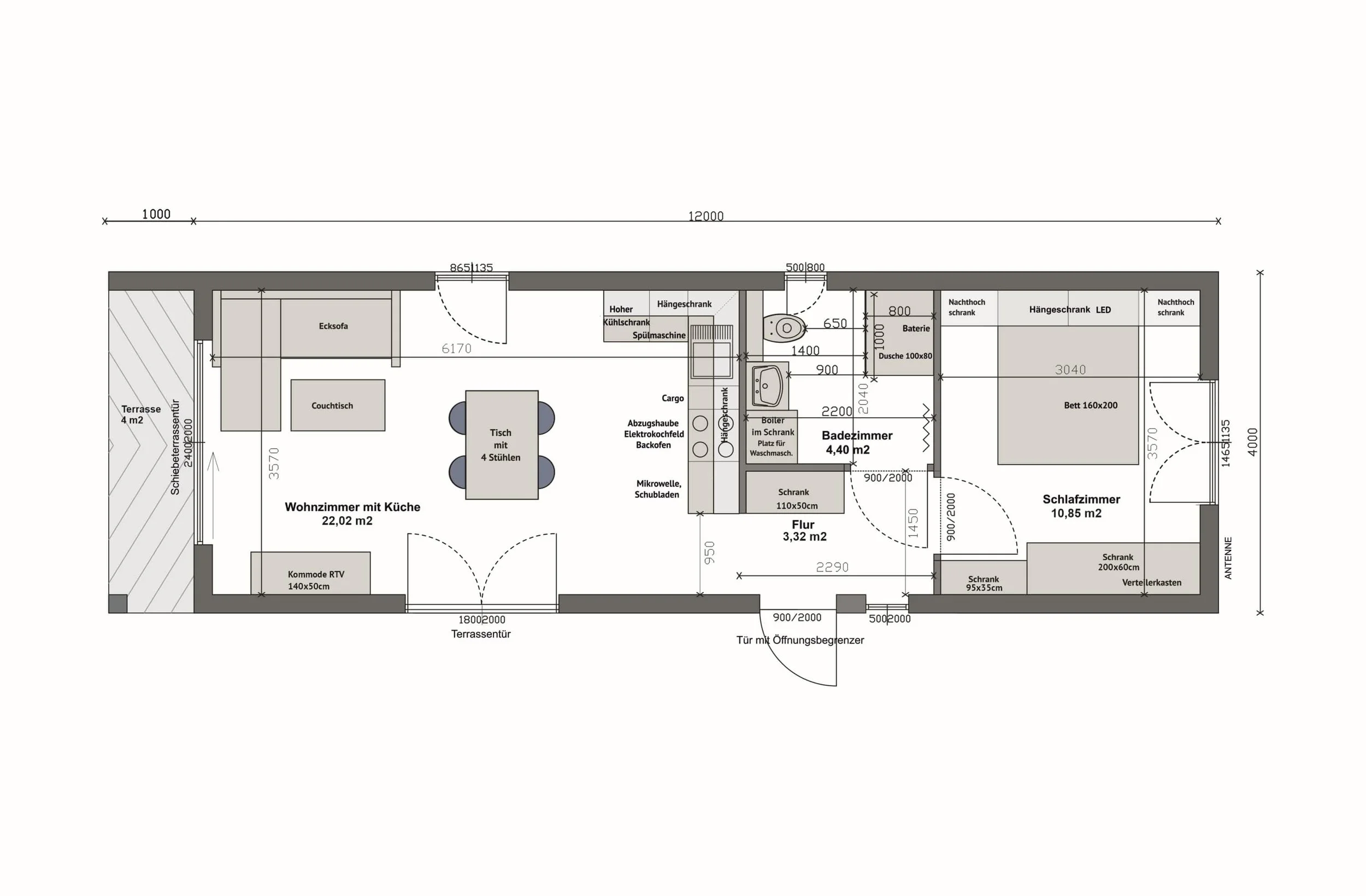 Grundriss MS52-1-B — 1 Schlafzimmer rechts, Bad und Flur mittig, Wohnzimmer mit Küche links, Terrasse links (Technische Zeichnung. Möblierung zur Veranschaulichung)