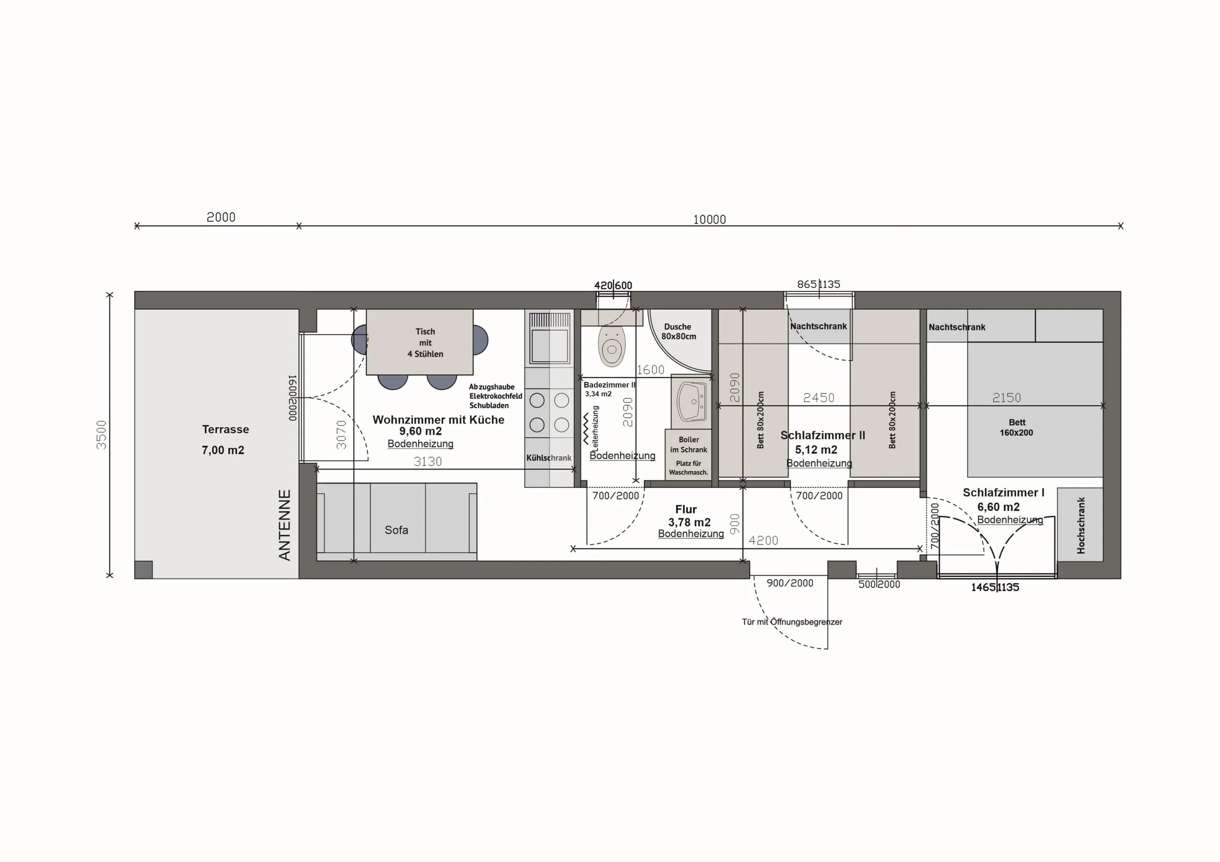 Grundriss MV35-2 mit überdachter Terrasse — Terrasse (7,00 m²) links, dahinter Wohnzimmer mit Küche, Bad, Flur und zwei Schlafzimmer; Außenmaße Hauskorpus 10,00 × 3,50 m (Technische Zeichnung. Möblierung zur Veranschaulichung)