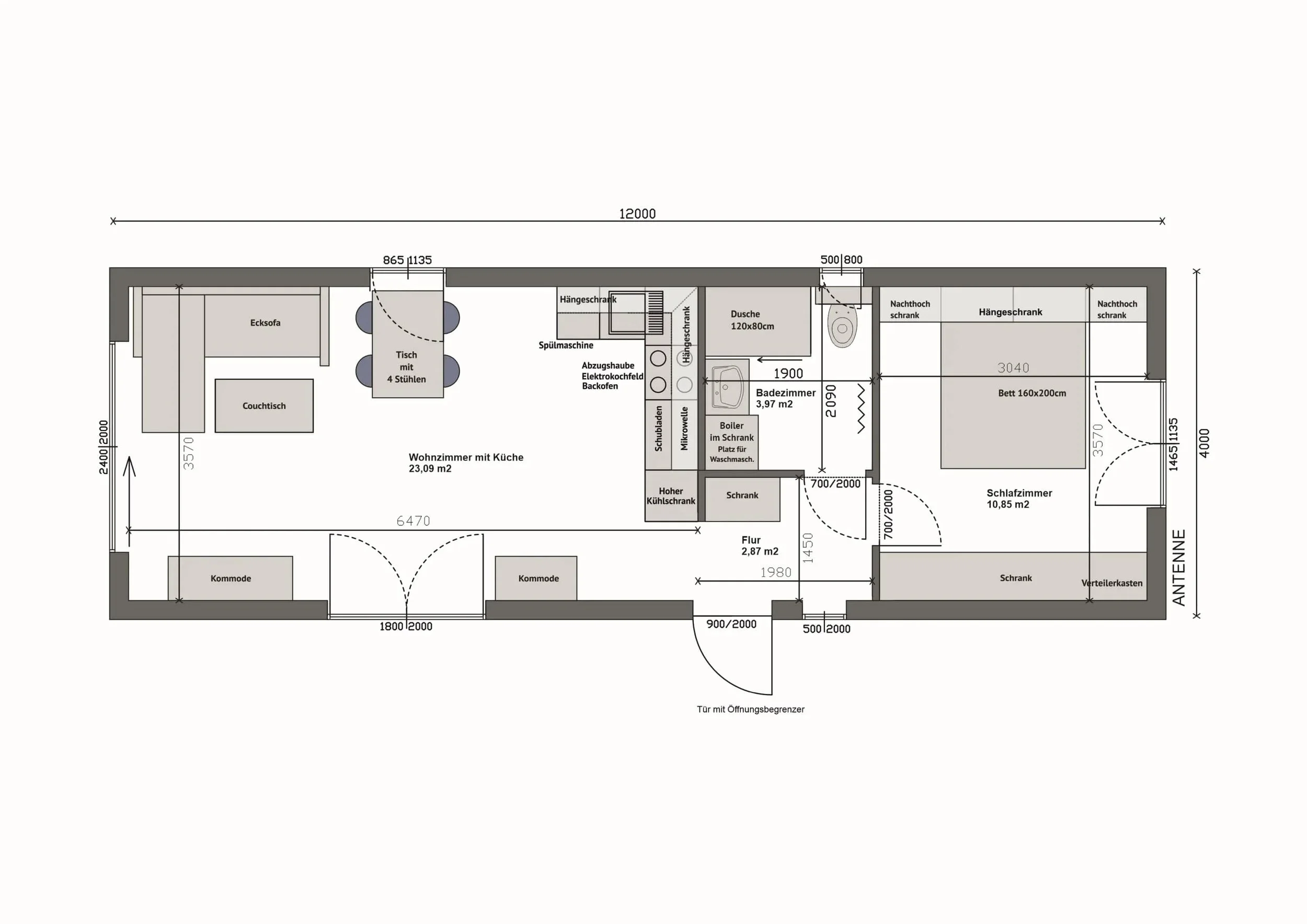 Grundriss MW48-2-B — 1 Schlafzimmer rechts, Bad, Küche und Wohnbereich links (gespiegelt)