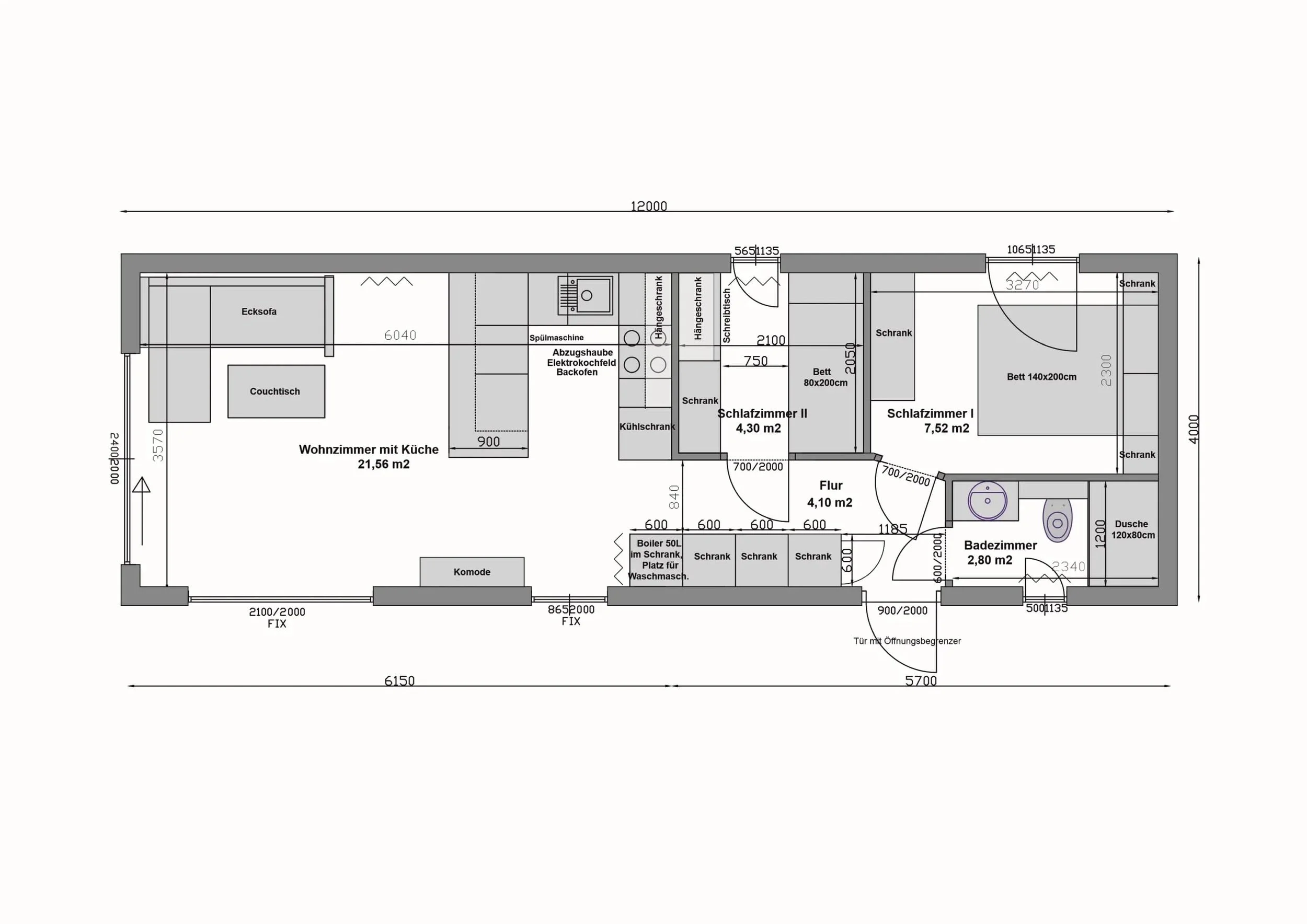 Grundriss MW48-3-A — Wohnzimmer mit Küche links, zwei Schlafzimmer und Bad rechts (Technische Zeichnung. Möblierung zur Veranschaulichung)
