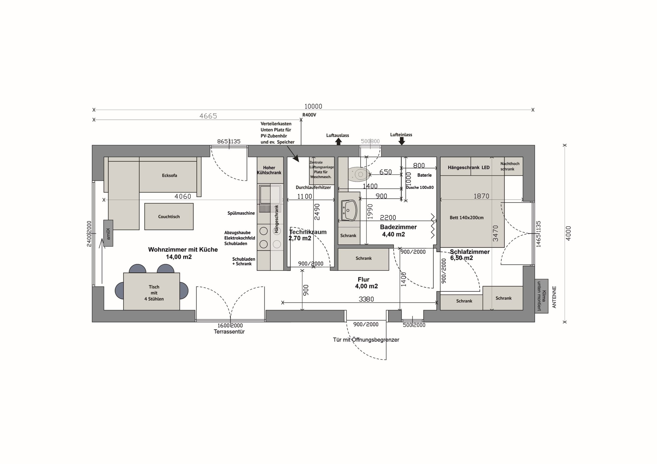 Grundriss MS40-2-B — 1 Schlafzimmer links, Bad und Technikraum mittig, Wohnzimmer mit Küche rechts (Technische Zeichnung. Möblierung zur Veranschaulichung)