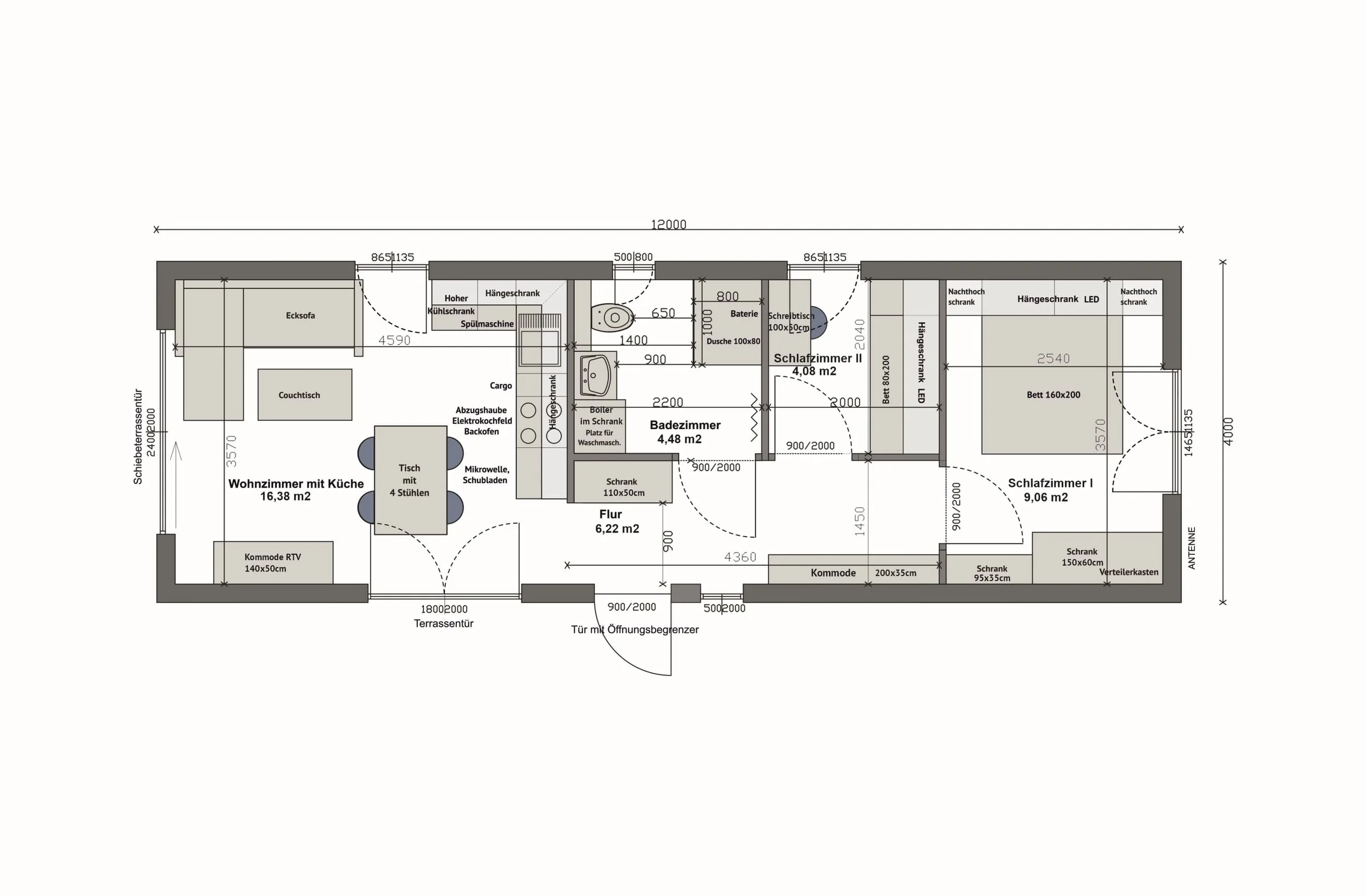 Grundriss MS48-1-B — gespiegelt: Wohnzimmer mit Küche links, Bad mittig, 2 Schlafzimmer rechts (Technische Zeichnung. Möblierung zur Veranschaulichung)