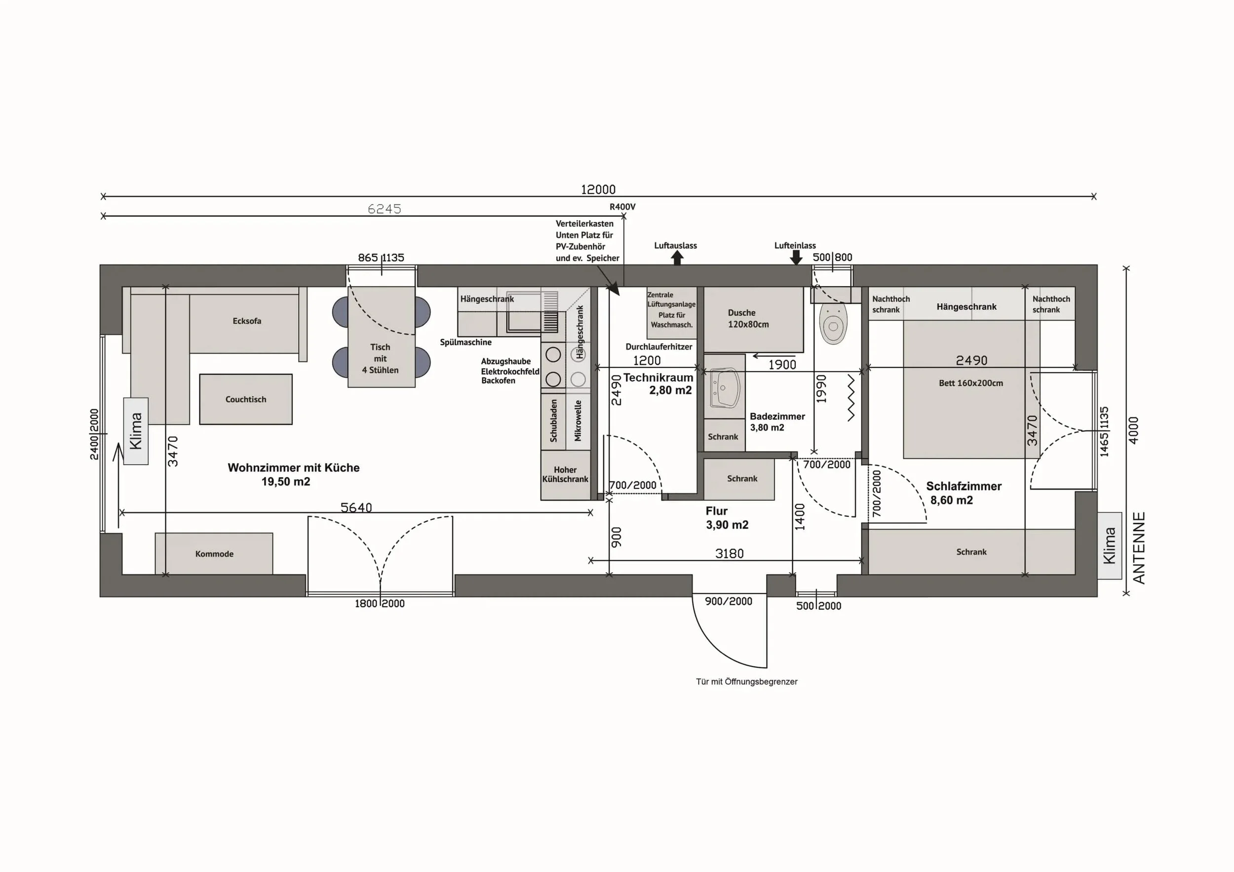 Grundriss MW48-1-B — 1 Schlafzimmer links, Bad und Technikraum mittig, Wohnzimmer mit Küche rechts (Technische Zeichnung. Möblierung zur Veranschaulichung)