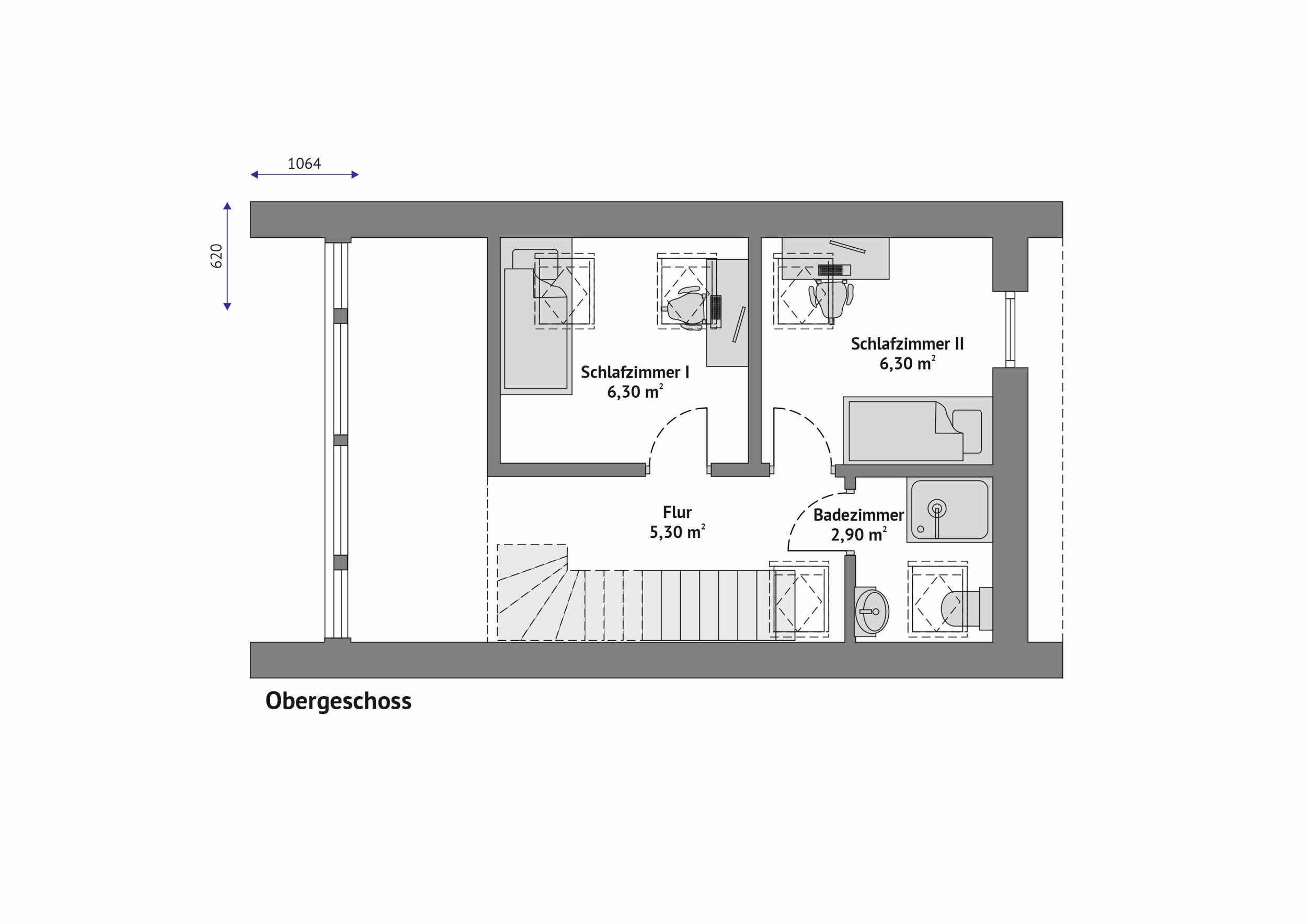 Grundriss Haus FH-DH70-1 — Obergeschoss mit Schlafzimmer I (6,30 m²) und Schlafzimmer II (6,30 m²), Badezimmer (2,90 m²) und Flur (5,30 m²) mit Treppe und Galerie zum Wohnbereich (Technische Zeichnung. Möblierung zur Veranschaulichung)