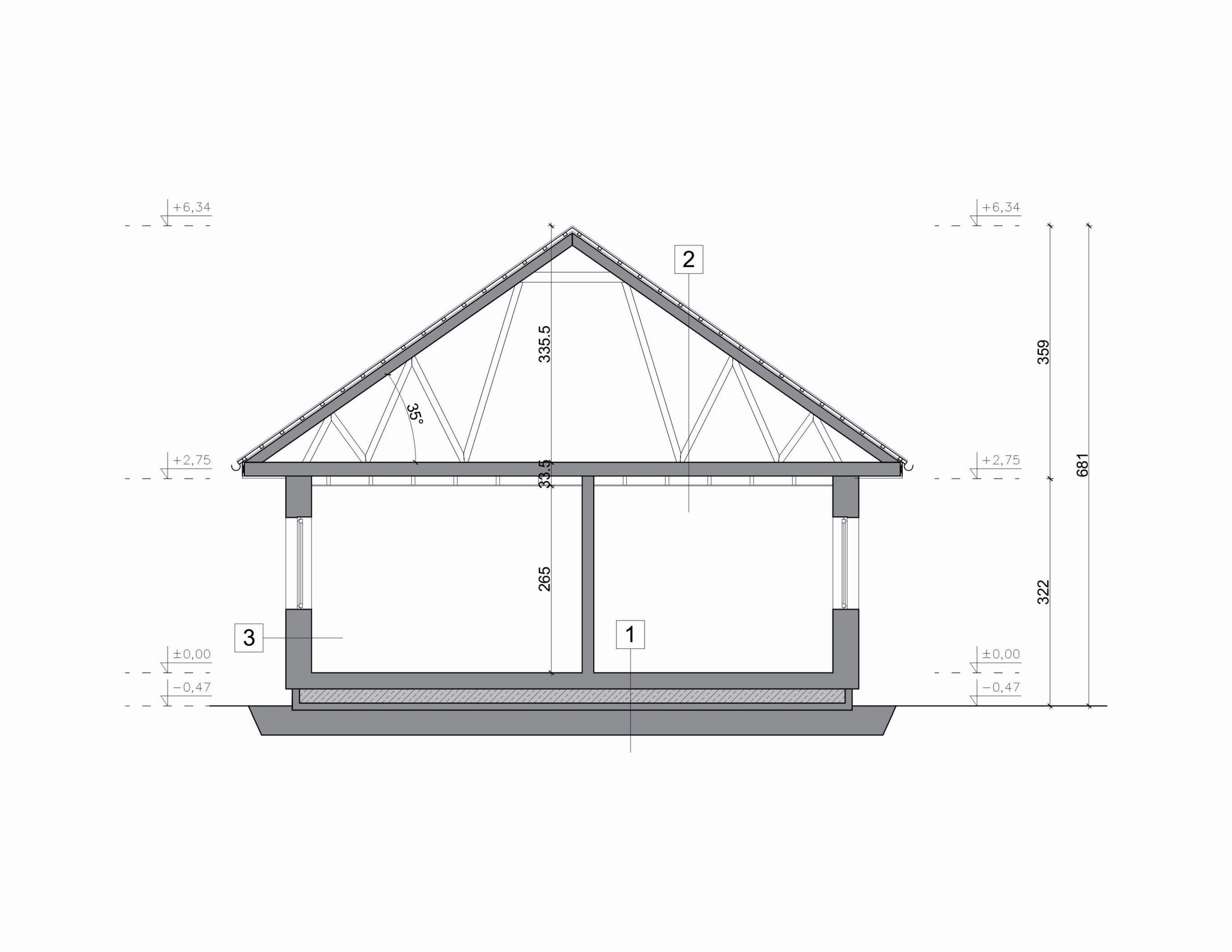 Querschnitt Haus FH-ST80 — Schnittzeichnung mit Satteldach (35° Dachneigung) und sichtbarem Dachstuhl, Raumhöhe rund 2,65 m und Firsthöhe rund 6,34 m über Erdgeschossniveau (Technische Zeichnung)