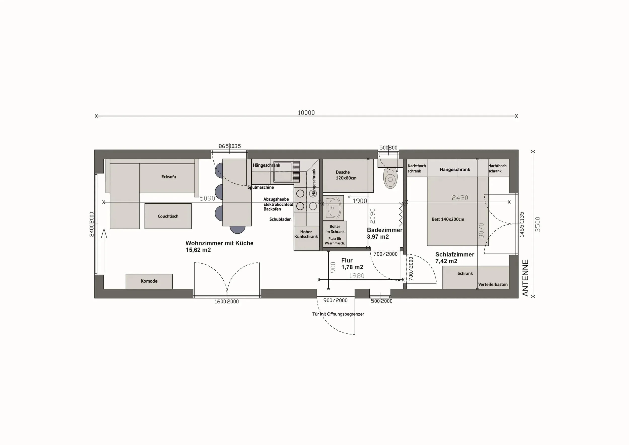 Grundriss MW35-B — Wohnzimmer mit Küche und Ecksofa links, Bad mittig, Schlafzimmer rechts (Technische Zeichnung. Möblierung zur Veranschaulichung)