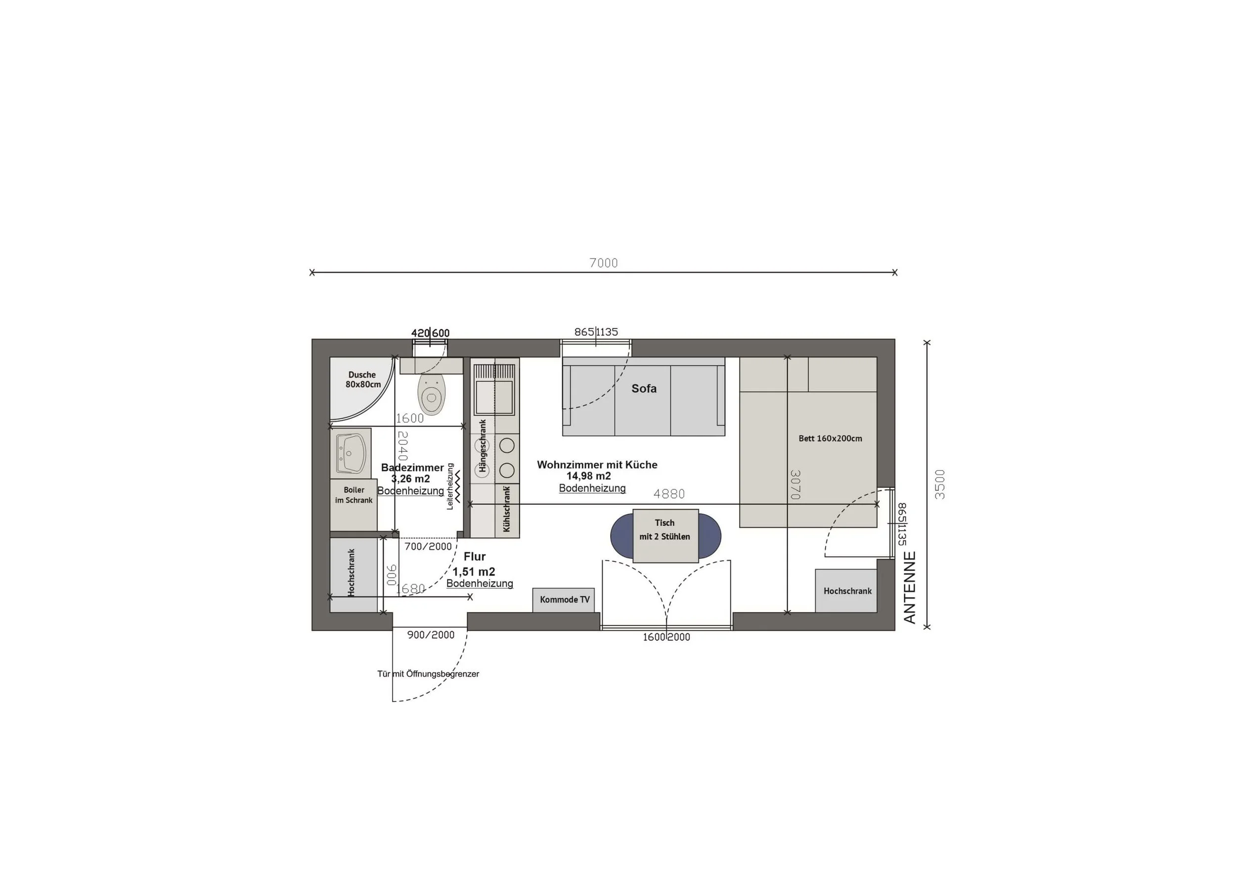 Grundriss MV25-1 — Badezimmer und Flur links, Wohnzimmer mit Küche und Schlafbereich rechts (Technische Zeichnung. Möblierung zur Veranschaulichung)