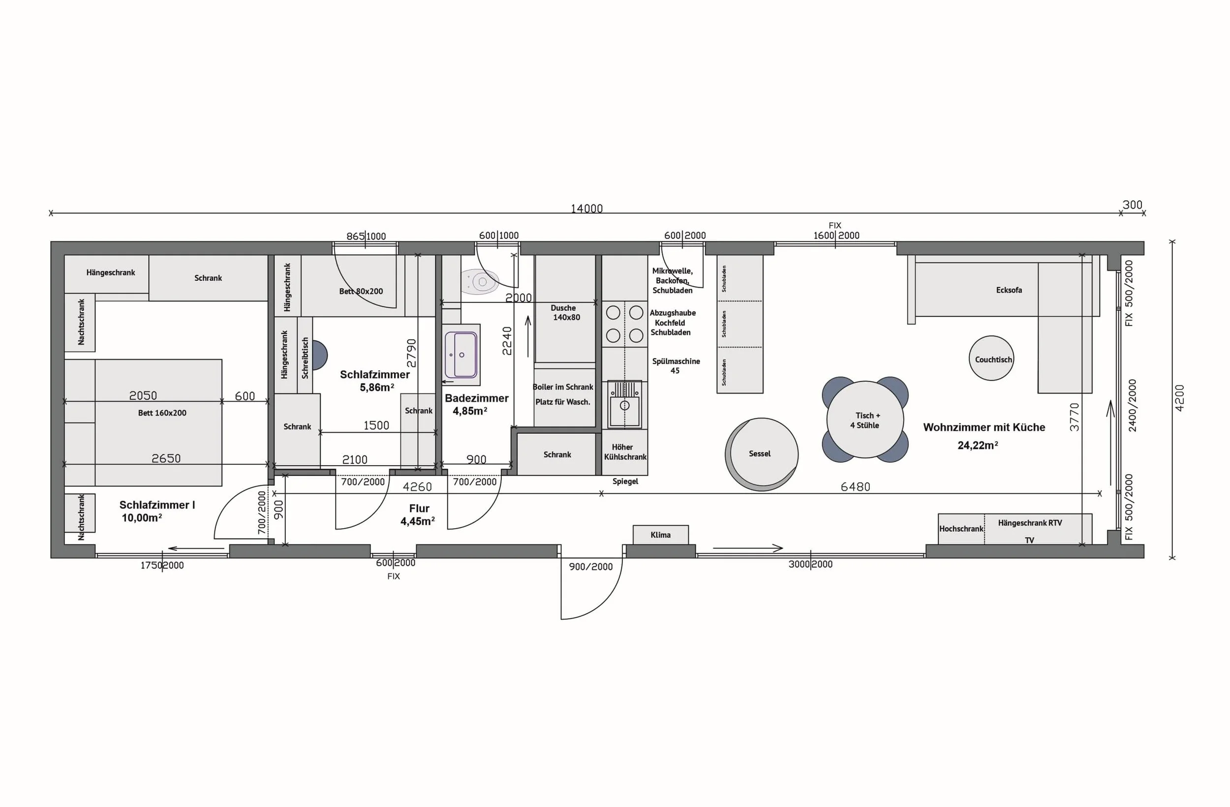 Grundriss MW58-B — Wohnzimmer mit Küche rechts, Bad und 2 Schlafzimmer links, vollständig gespiegelt (Technische Zeichnung. Möblierung zur Veranschaulichung)