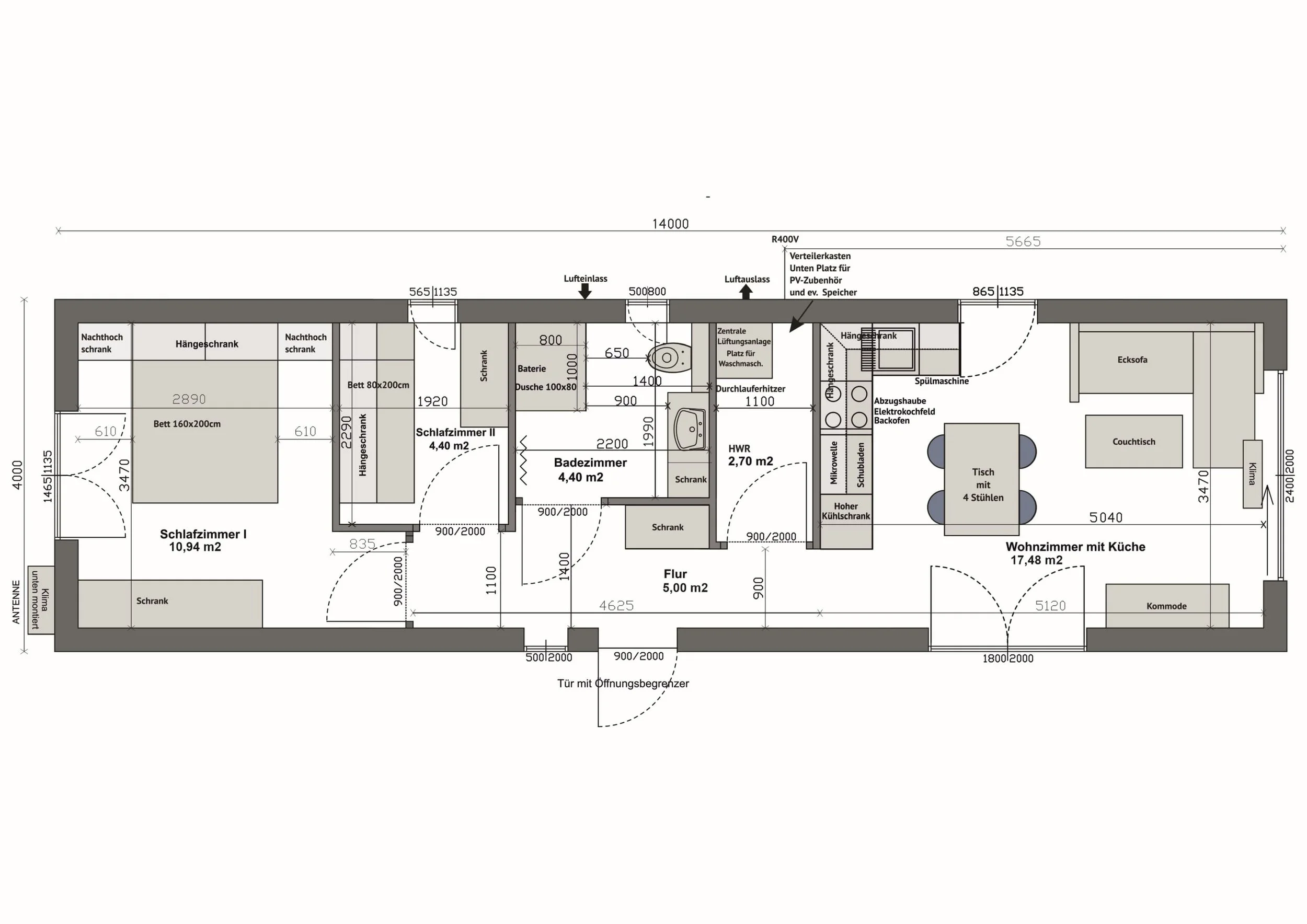 Grundriss MS56-2-A — 2 Schlafzimmer links (10,94 m² + 4,40 m²), Bad, HWR und Wohnzimmer mit Küche rechts (17,48 m²) (Technische Zeichnung. Möblierung zur Veranschaulichung)