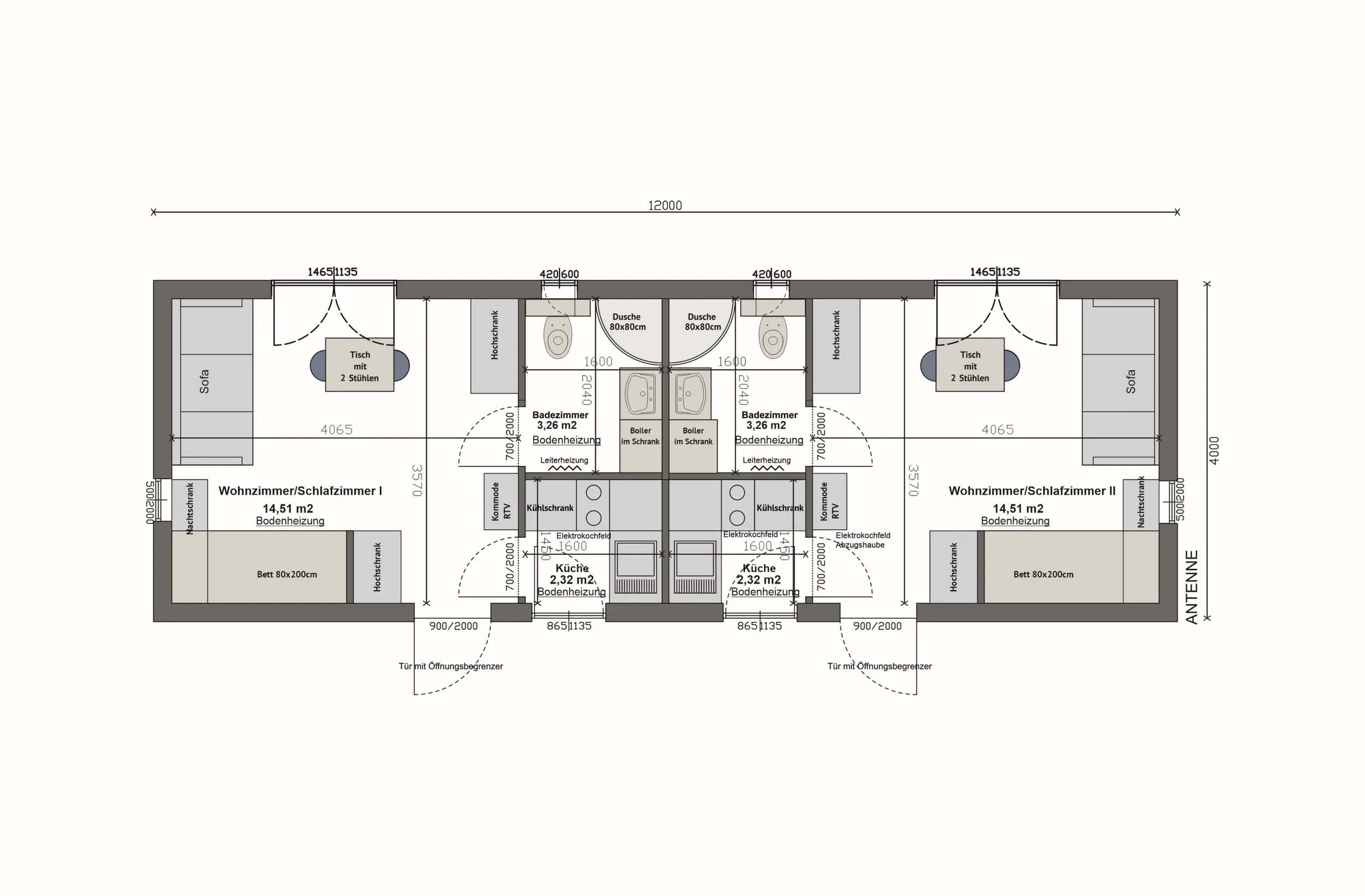 Grundriss MV48-5 — zwei spiegelgleiche Einheiten, je Wohn-/Schlafzimmer 14,51 m², Küche 2,32 m² und Badezimmer 3,26 m², Gesamtmaß 12,00 × 4,00 m (Technische Zeichnung. Möblierung zur Veranschaulichung)