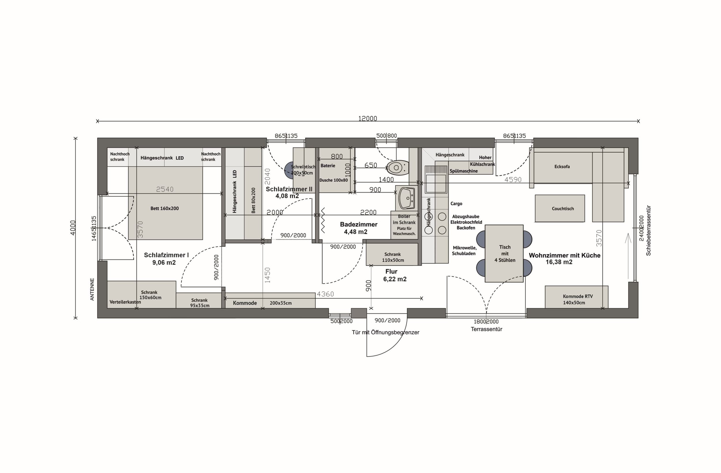 Grundriss MS48-1-A — 2 Schlafzimmer links, Bad mittig, Wohnzimmer mit Küche rechts (Technische Zeichnung. Möblierung zur Veranschaulichung)