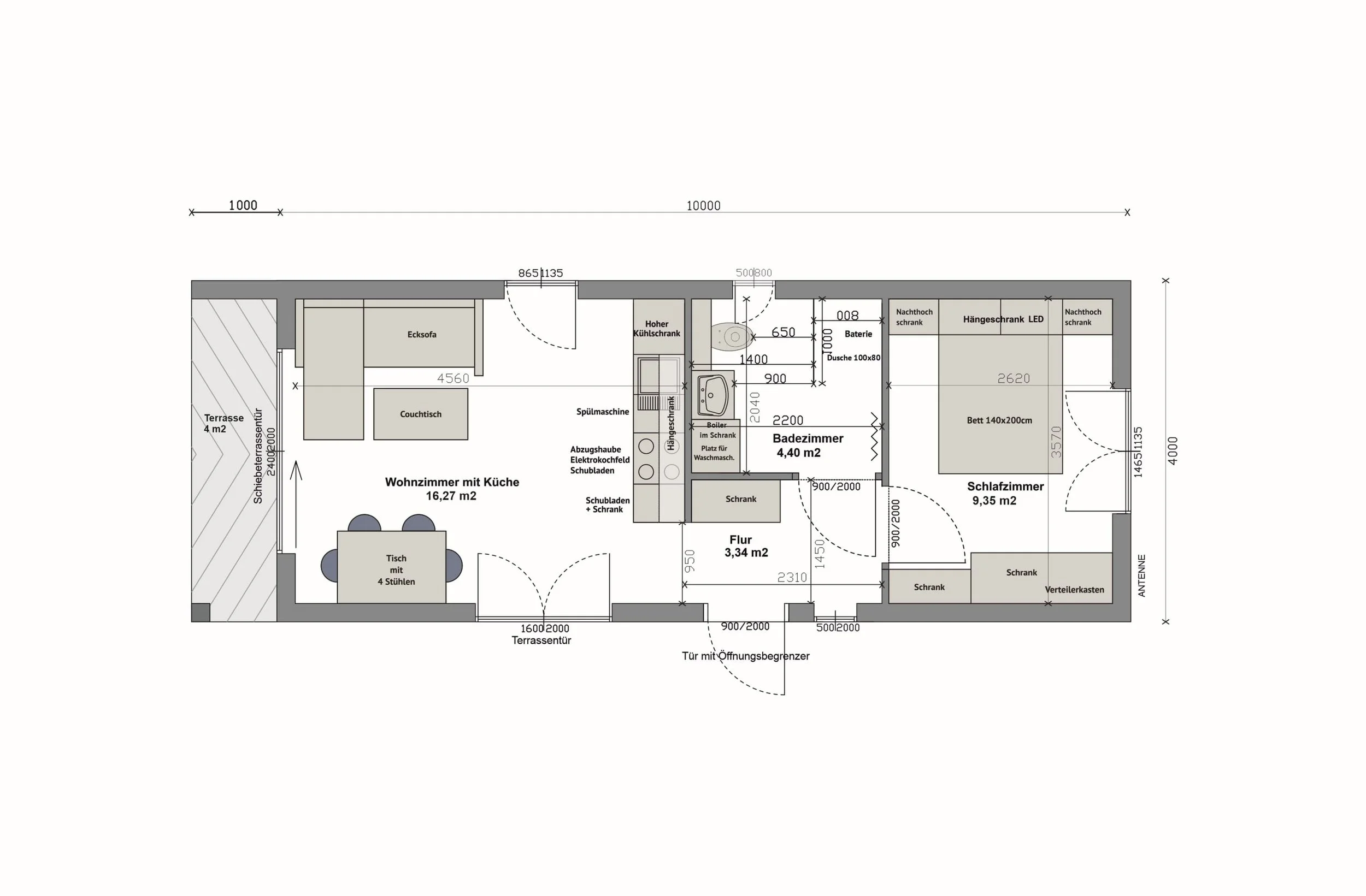 Grundriss MS44-1-B — vollständig gespiegelt: Wohnzimmer mit Esstisch links, Terrasse links, Bad und Küche mittig, Schlafzimmer rechts (Technische Zeichnung. Möblierung zur Veranschaulichung)