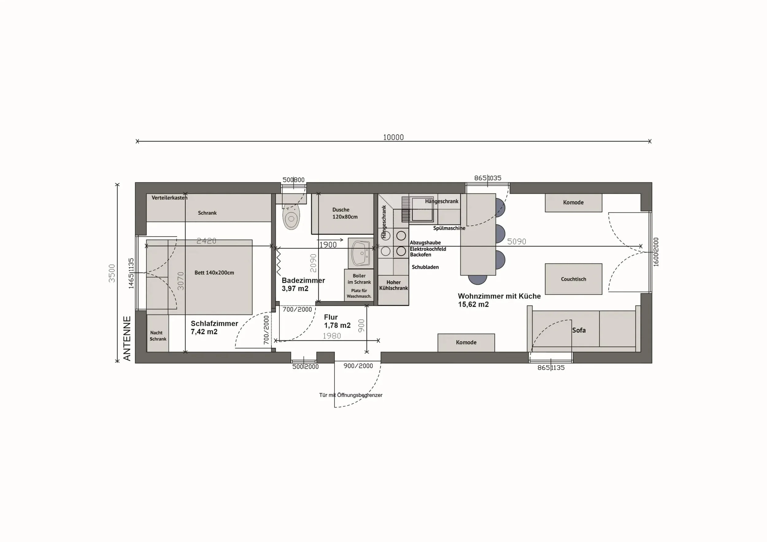 Grundriss MW35-D — Schlafzimmer links, Bad mittig, Wohnzimmer mit Küche, Sofa und zwei Komoden rechts (gespiegelt) (Technische Zeichnung. Möblierung zur Veranschaulichung)
