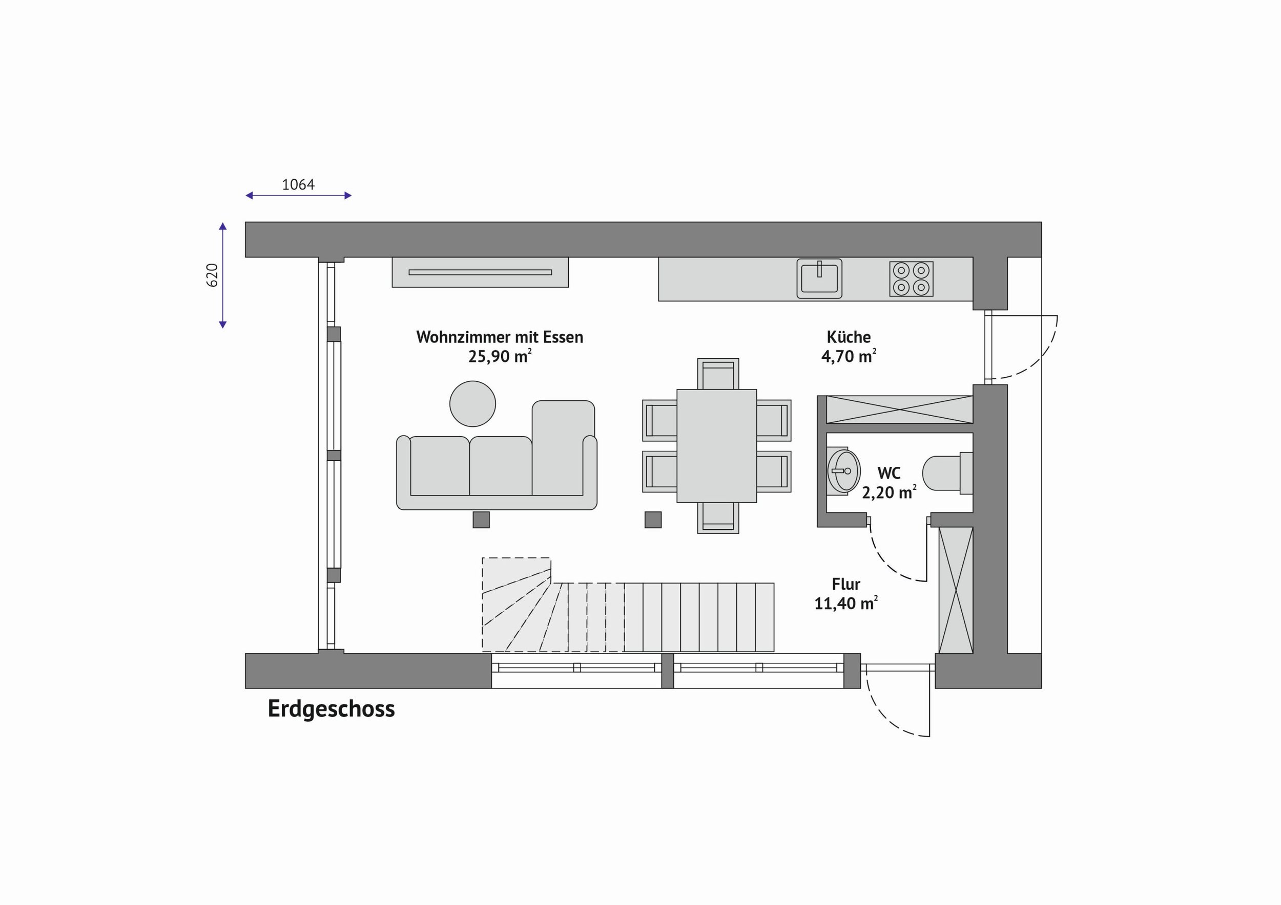 Grundriss Haus FH-DH70-1 — Erdgeschoss mit Wohnzimmer und Essen (25,90 m²) links, Küche (4,70 m²) und WC (2,20 m²) rechts, Flur (11,40 m²) mit Treppe; Außenmaße 10,64 × 6,20 m (Technische Zeichnung. Möblierung zur Veranschaulichung)
