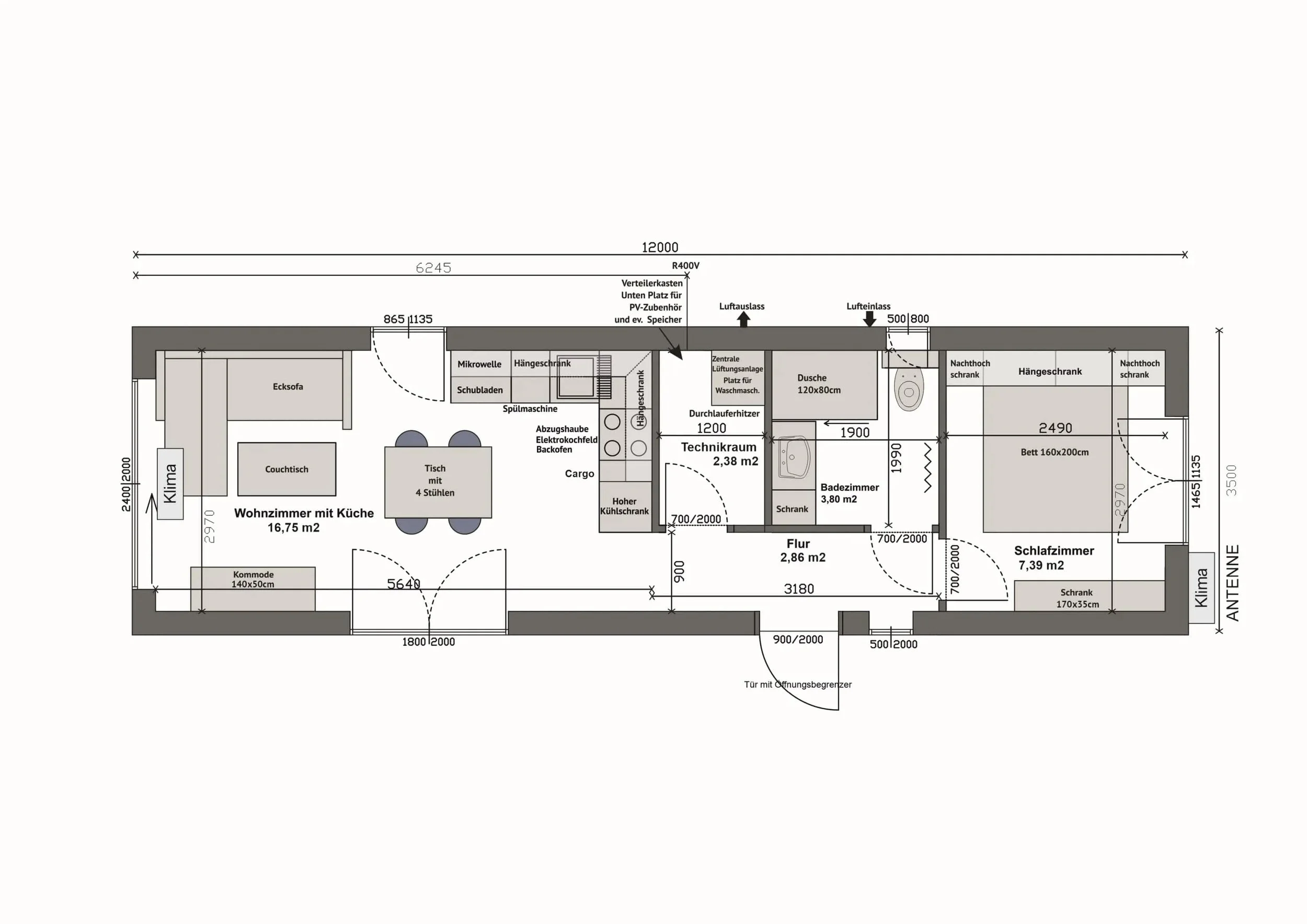 Grundriss MW52-1-B — Wohnzimmer mit Küche und Terrasse links, Bad und Technikraum mittig, Schlafzimmer rechts (Technische Zeichnung. Möblierung zur Veranschaulichung)