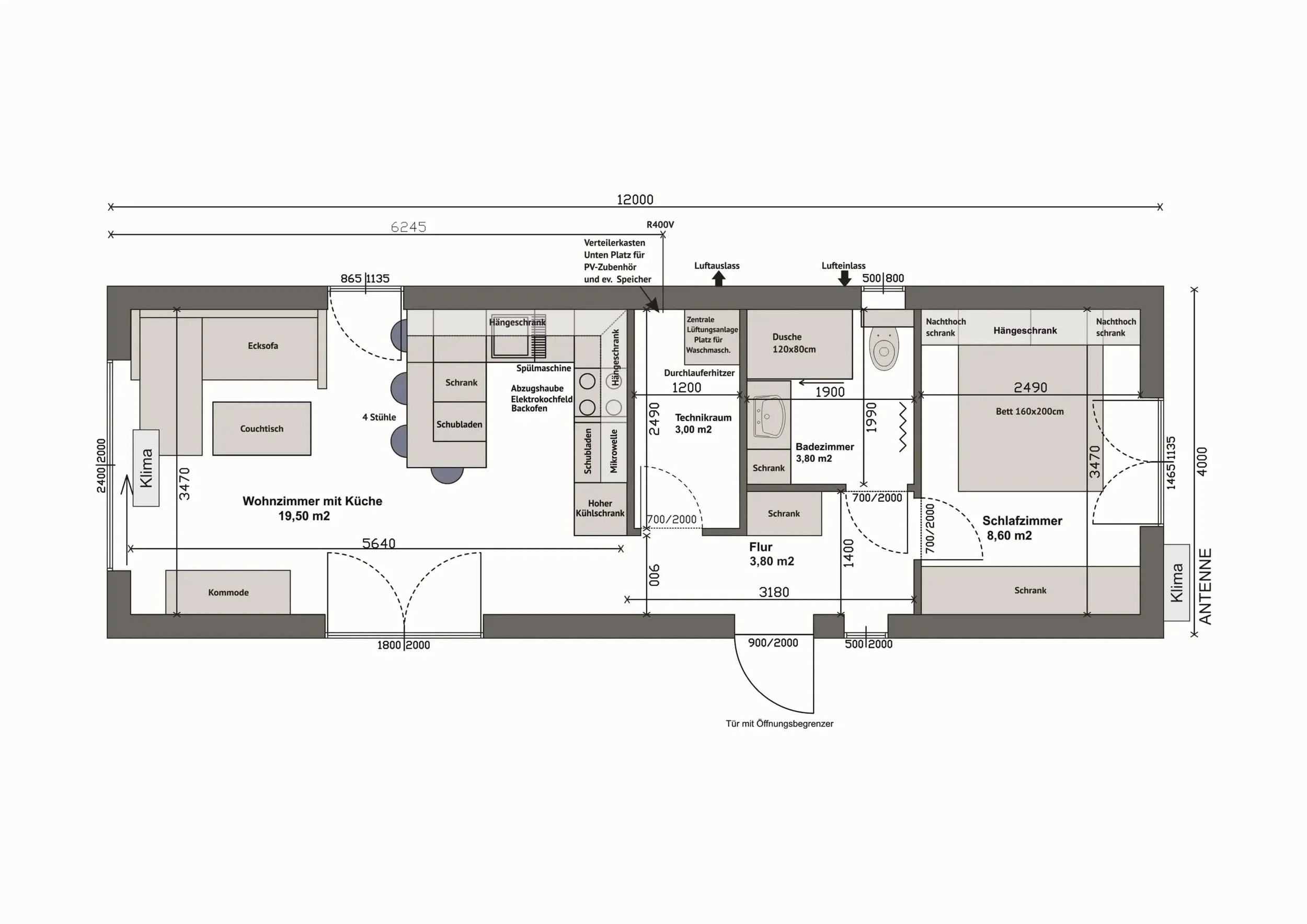 Grundriss MW48-1-D — 1 Schlafzimmer rechts, Bad und Technikraum mittig, Wohnzimmer mit Küche links mit angepasster Küchenmöblierung (Technische Zeichnung. Möblierung zur Veranschaulichung)