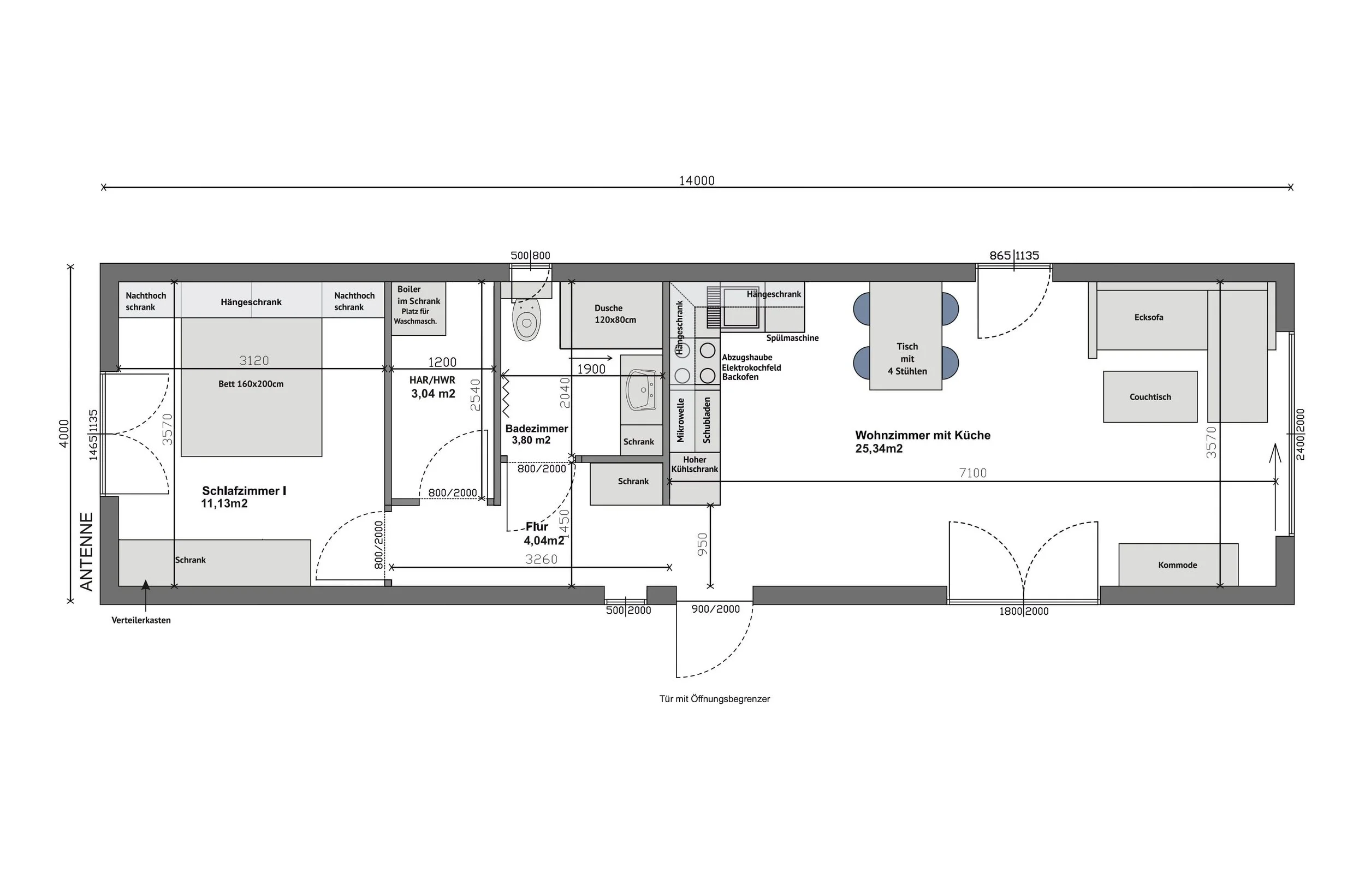 Grundriss MW56-2-A — 1 Schlafzimmer mit Doppelbett 160 × 200 cm links, HAR/HWR und Bad mittig, offenes Wohnzimmer mit Küche und Ecksofa rechts (Technische Zeichnung. Möblierung zur Veranschaulichung)