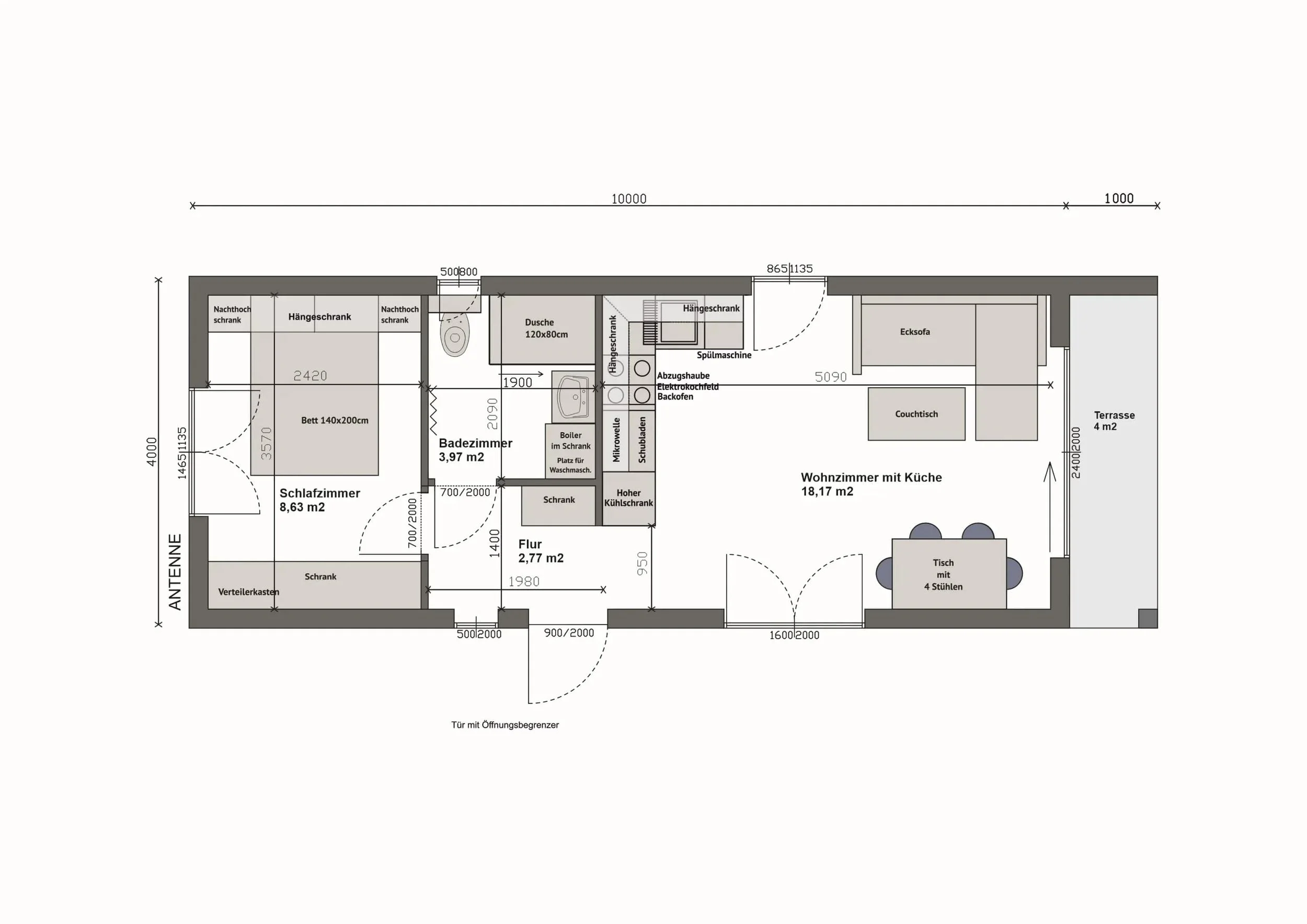 Grundriss MW44-2-A — Schlafzimmer links, Bad und Flur mittig, Wohnzimmer mit Küche und Terrasse rechts (Technische Zeichnung. Möblierung zur Veranschaulichung)