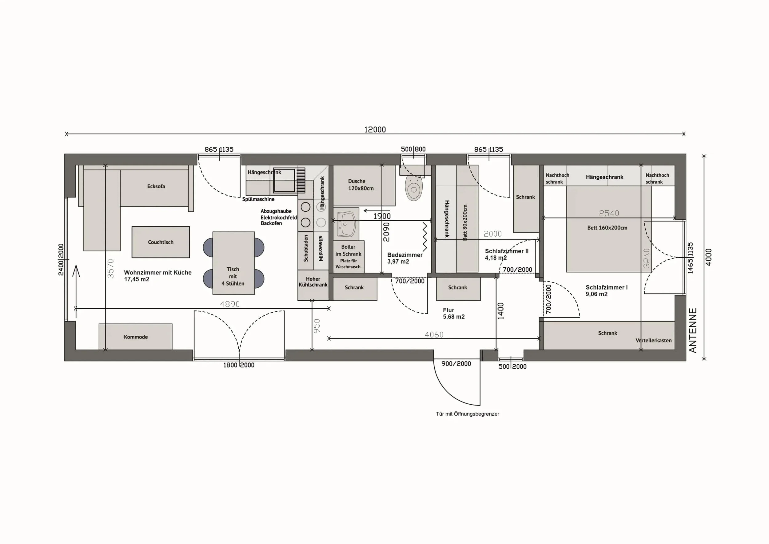 Grundriss MW48-2-D — 2 Schlafzimmer rechts, Bad, Wohn-Essbereich mit Küche links (gespiegelt)